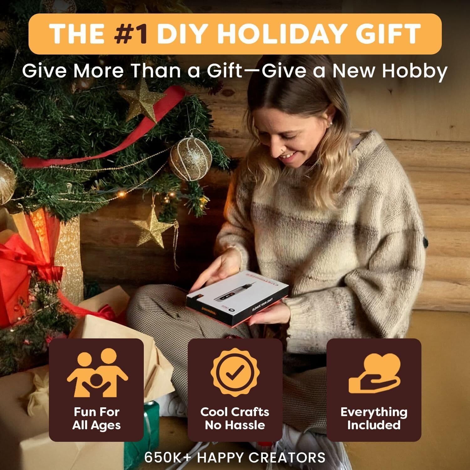 Positions the product as the number one DIY holiday gift, emphasizing its relevance for Christmas gifting and seasonal shopping. Showcases three key benefits of the product: universal appeal across…