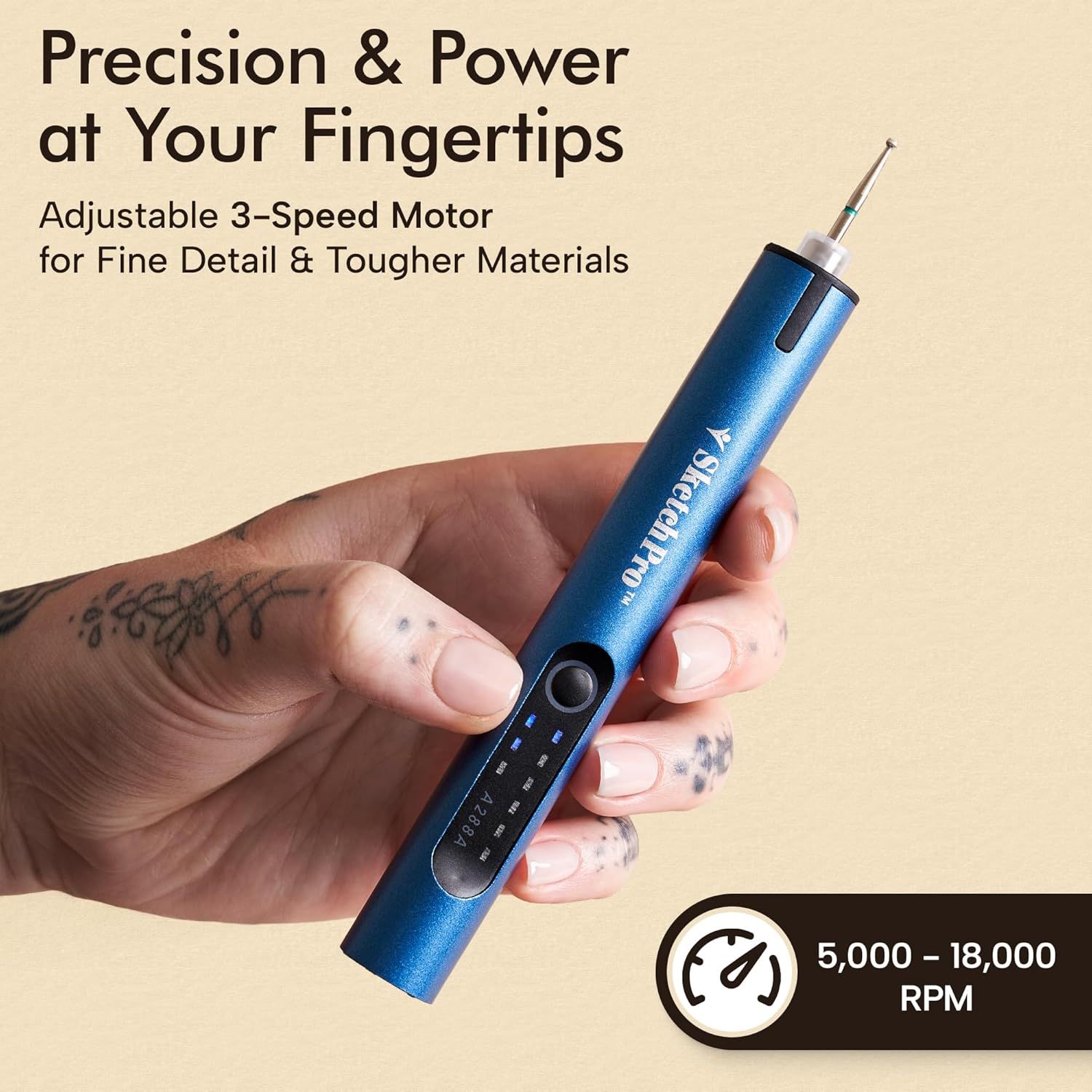 Communicates the precision and power control of the adjustable 3-speed motor, reassuring shoppers that the tool can handle both fine detail work and tougher materials with variable RPM settings.