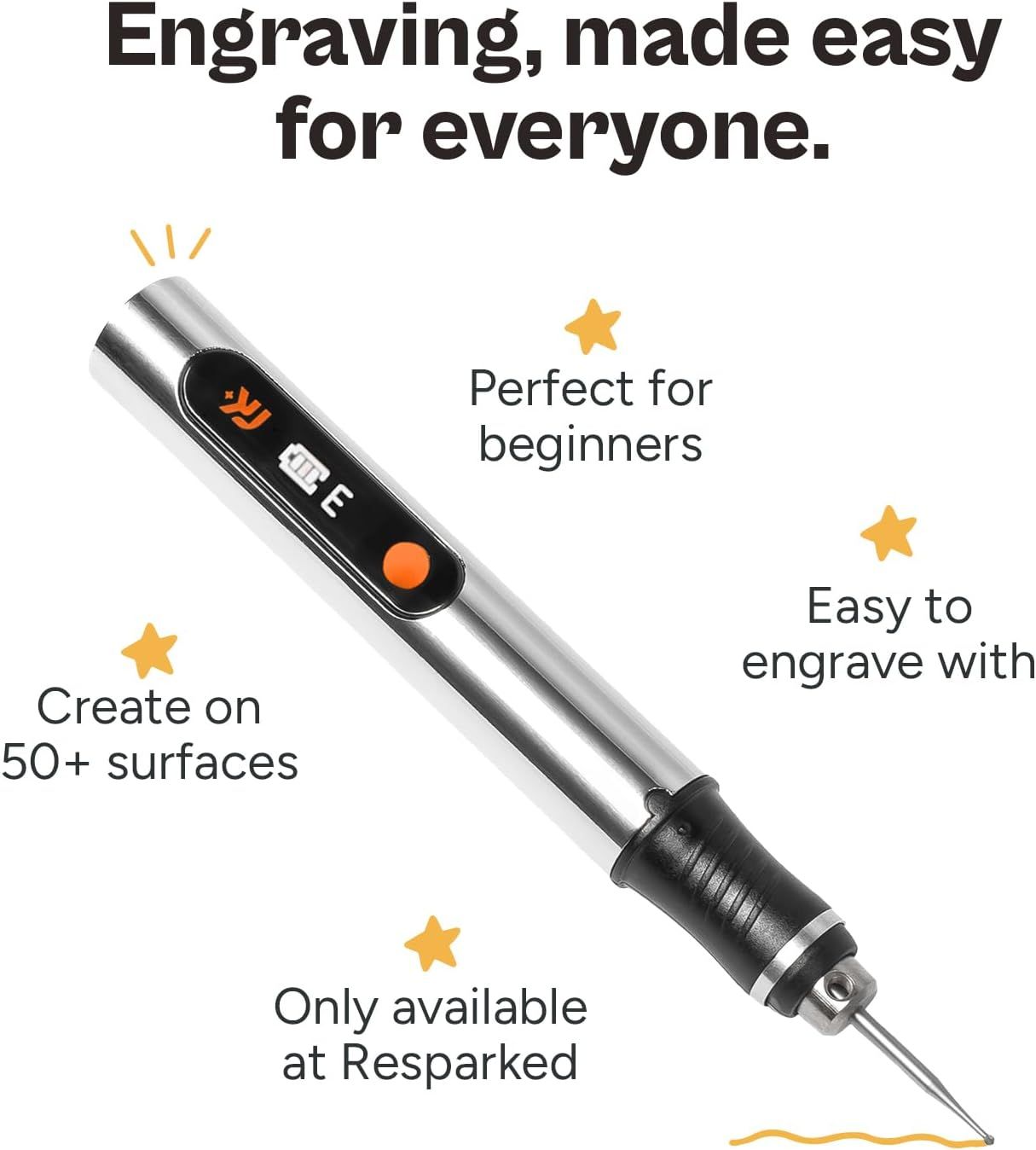 Communicates multiple benefits of the engraving tool including ease of use for beginners, compatibility with 50+ surfaces, and overall accessibility to reassure shoppers this product is simple and…
