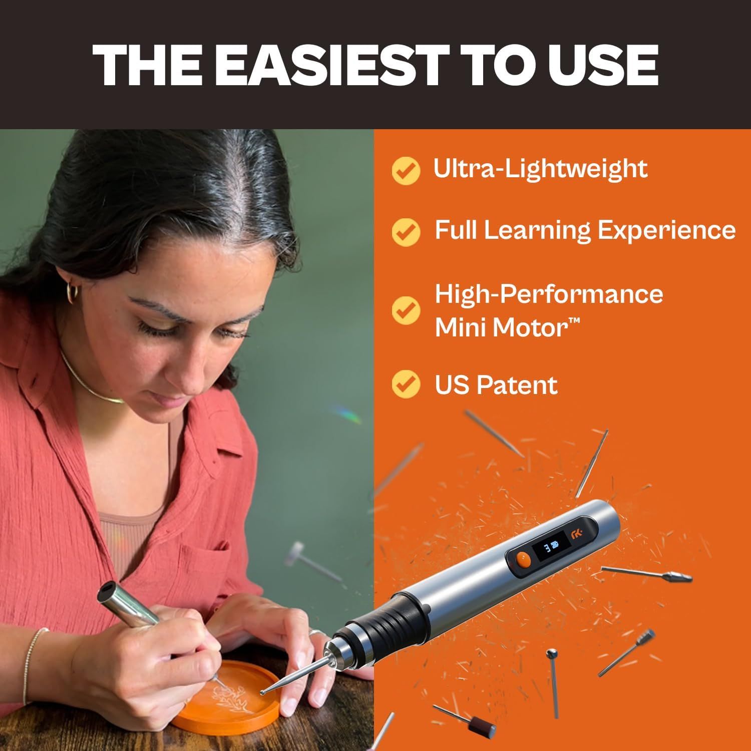 Communicates multiple key benefits of the product including its lightweight design, learning capability, high-performance motor, and patented technology to demonstrate ease of use and quality.