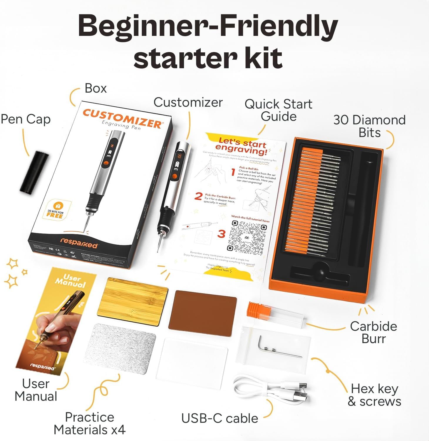 Shows everything included in the beginner-friendly engraving starter kit to help shoppers understand the complete value and contents they will receive with their purchase.