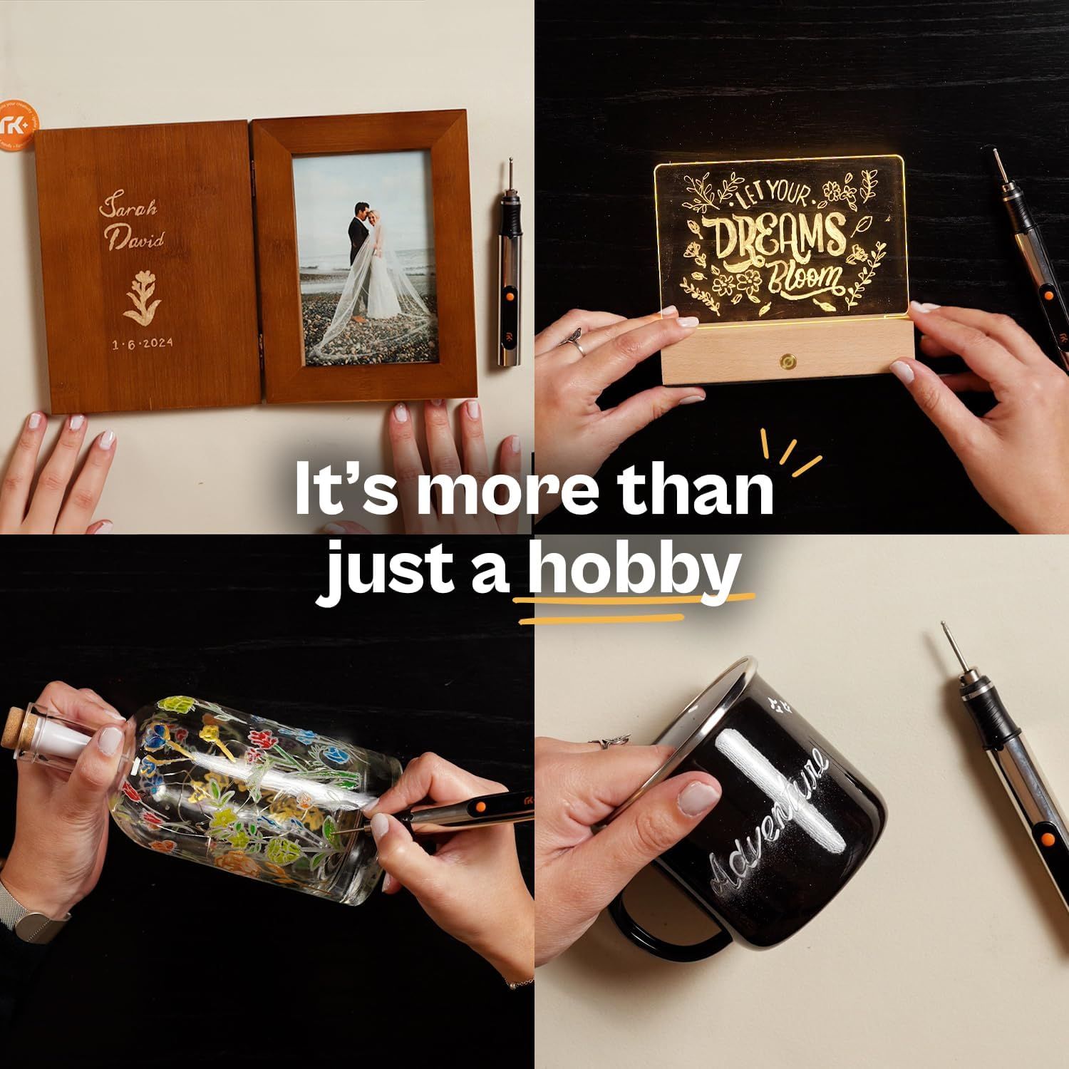 Demonstrates the versatility of the engraving tool by showing different use cases including personalized photo frames, inspirational plaques, decorative items, and custom mugs to communicate that…