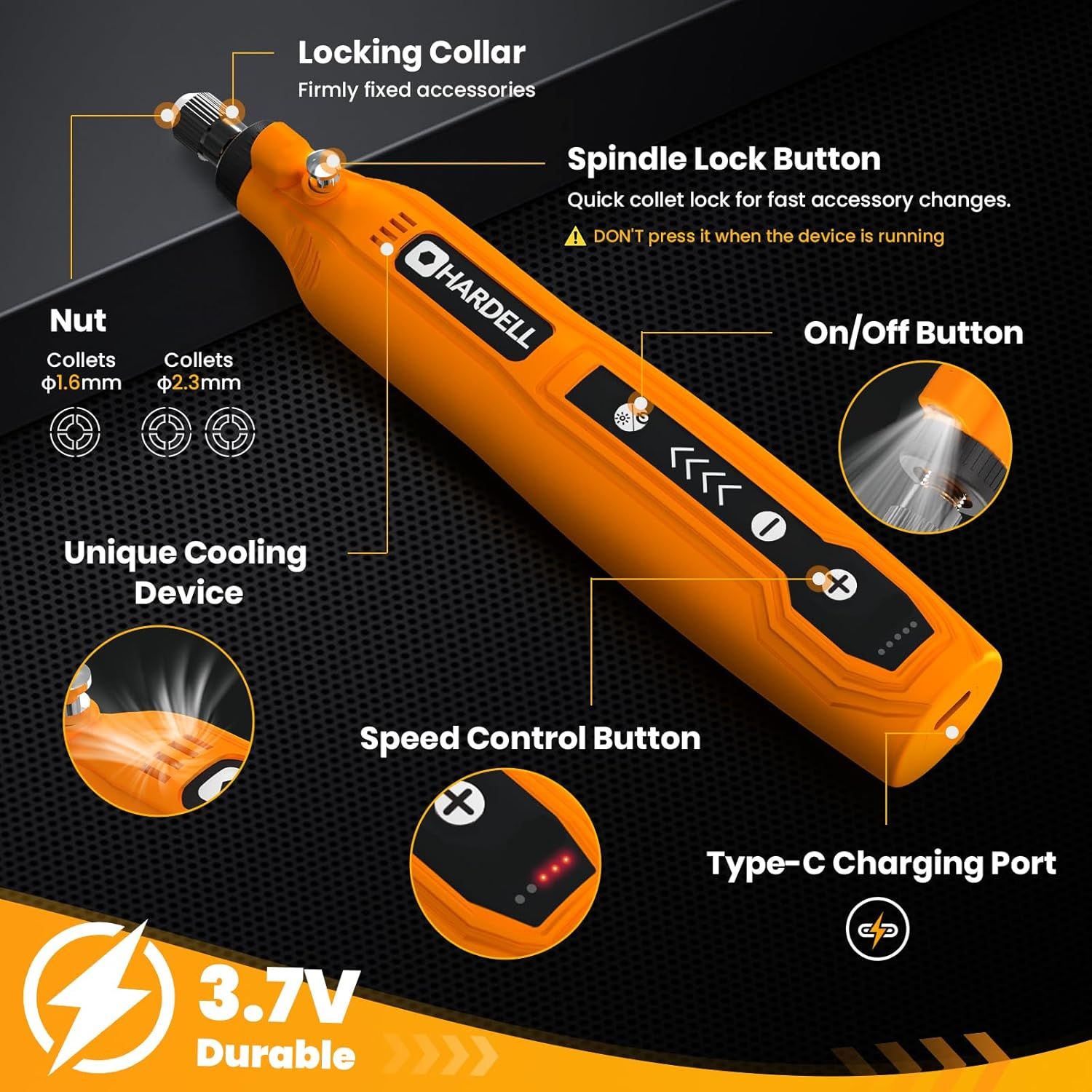 This image breaks down the rotary tool by labeling and highlighting all key functional components and features, helping shoppers understand the physical structure and how each part works.