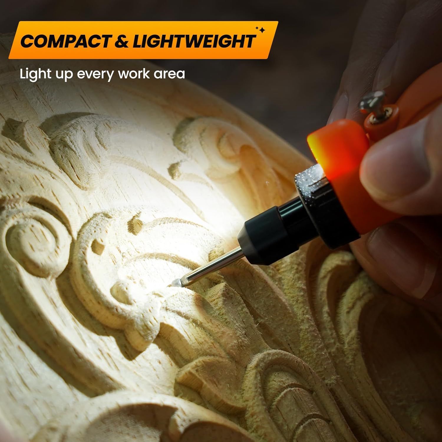 Communicates that the product is portable and easy to handle, making it ideal for detailed work in tight spaces.