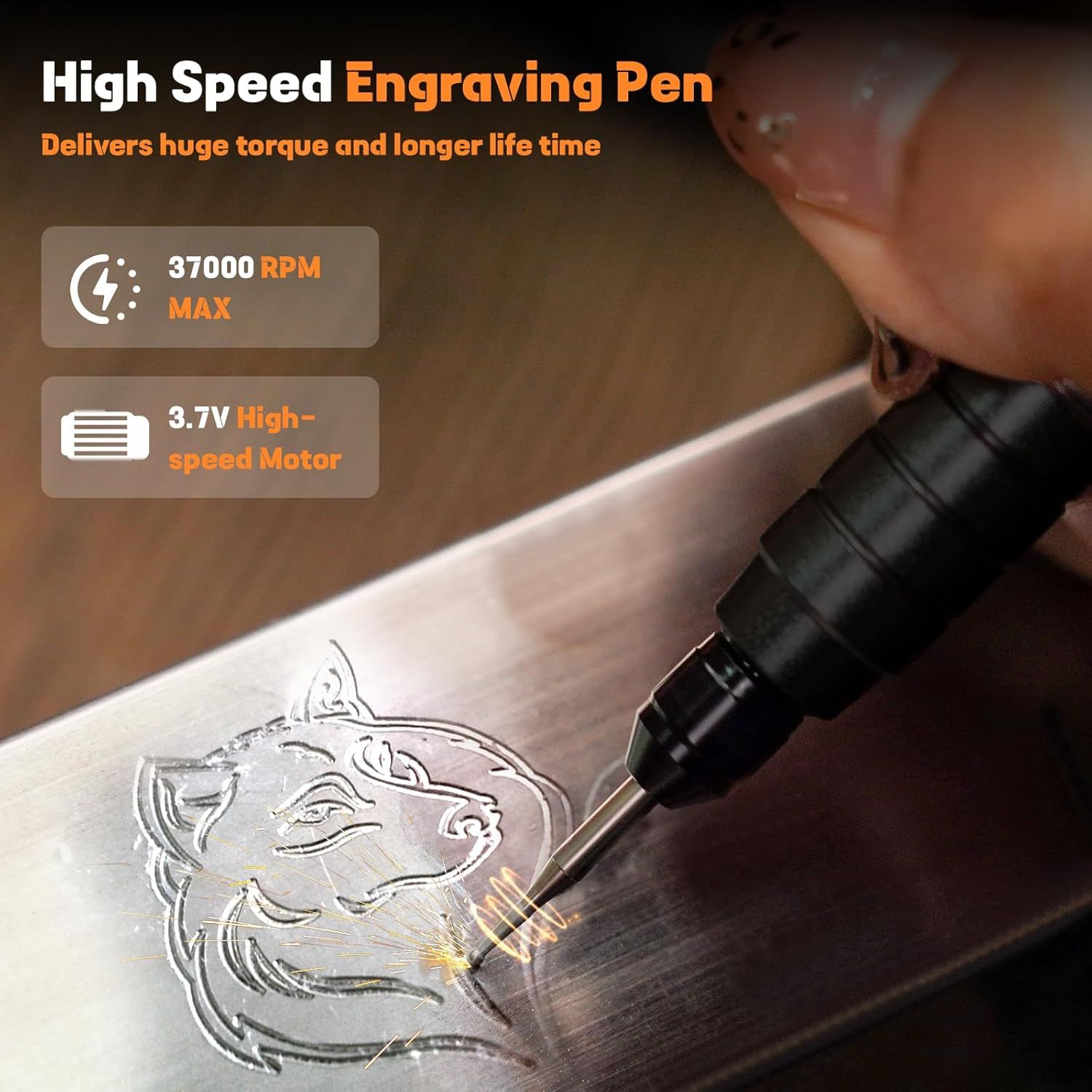 Communicates the engraving pen's powerful performance specs including 37000 RPM max speed and 3.7V high-speed motor to reassure shoppers of its capability and durability.