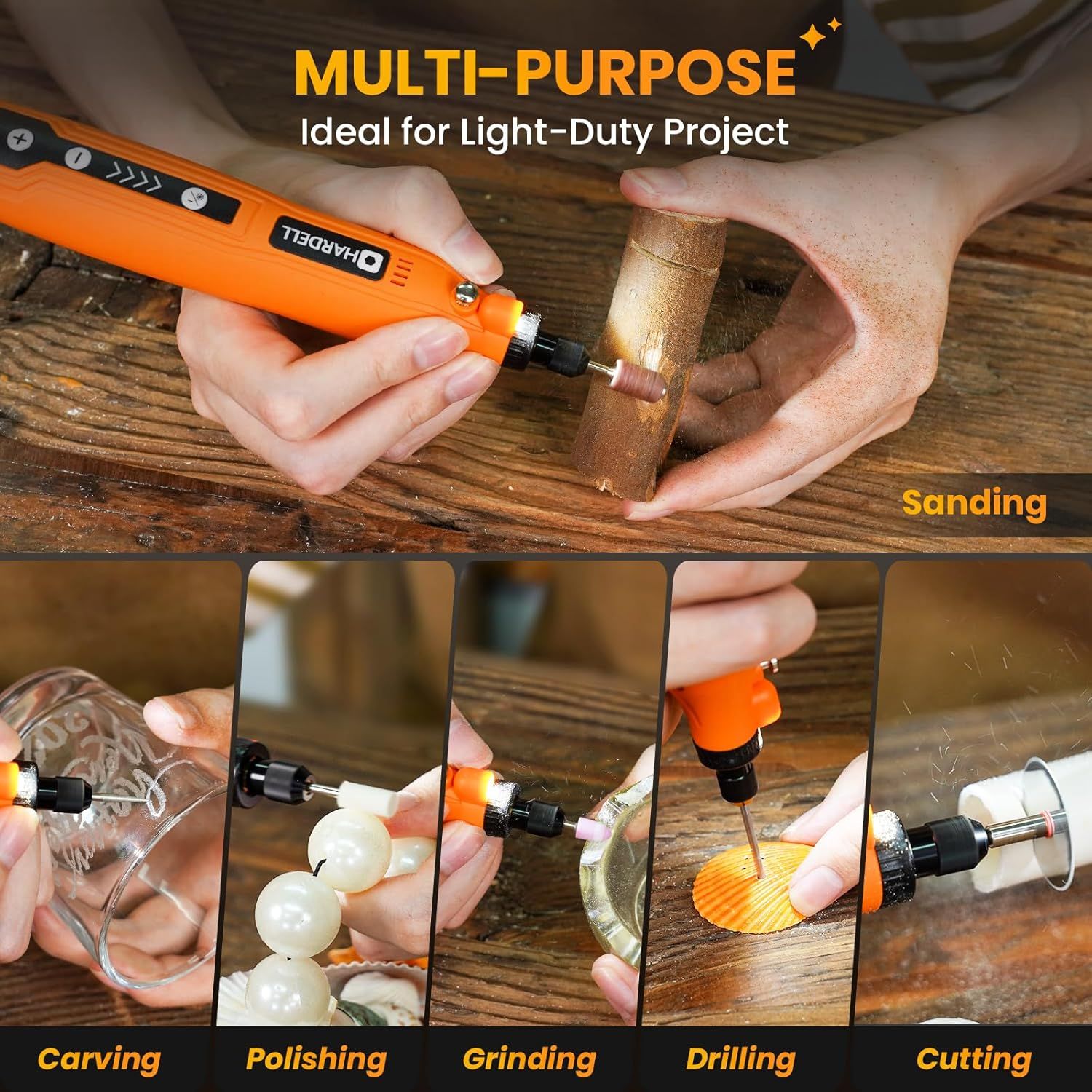 Demonstrates the versatility of the rotary tool by showing six different use cases, helping shoppers understand it can handle multiple light-duty projects.