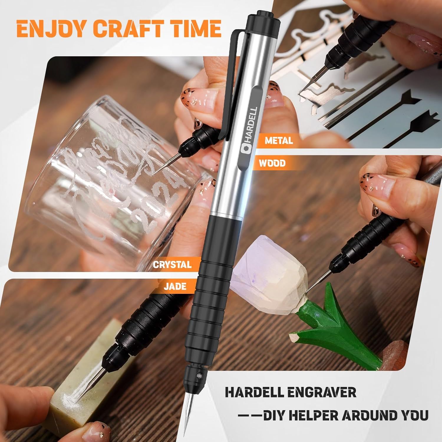 Demonstrates the engraver tool can be used on multiple materials including crystal, jade, metal, and wood, showing its versatility for various DIY and crafting projects.
