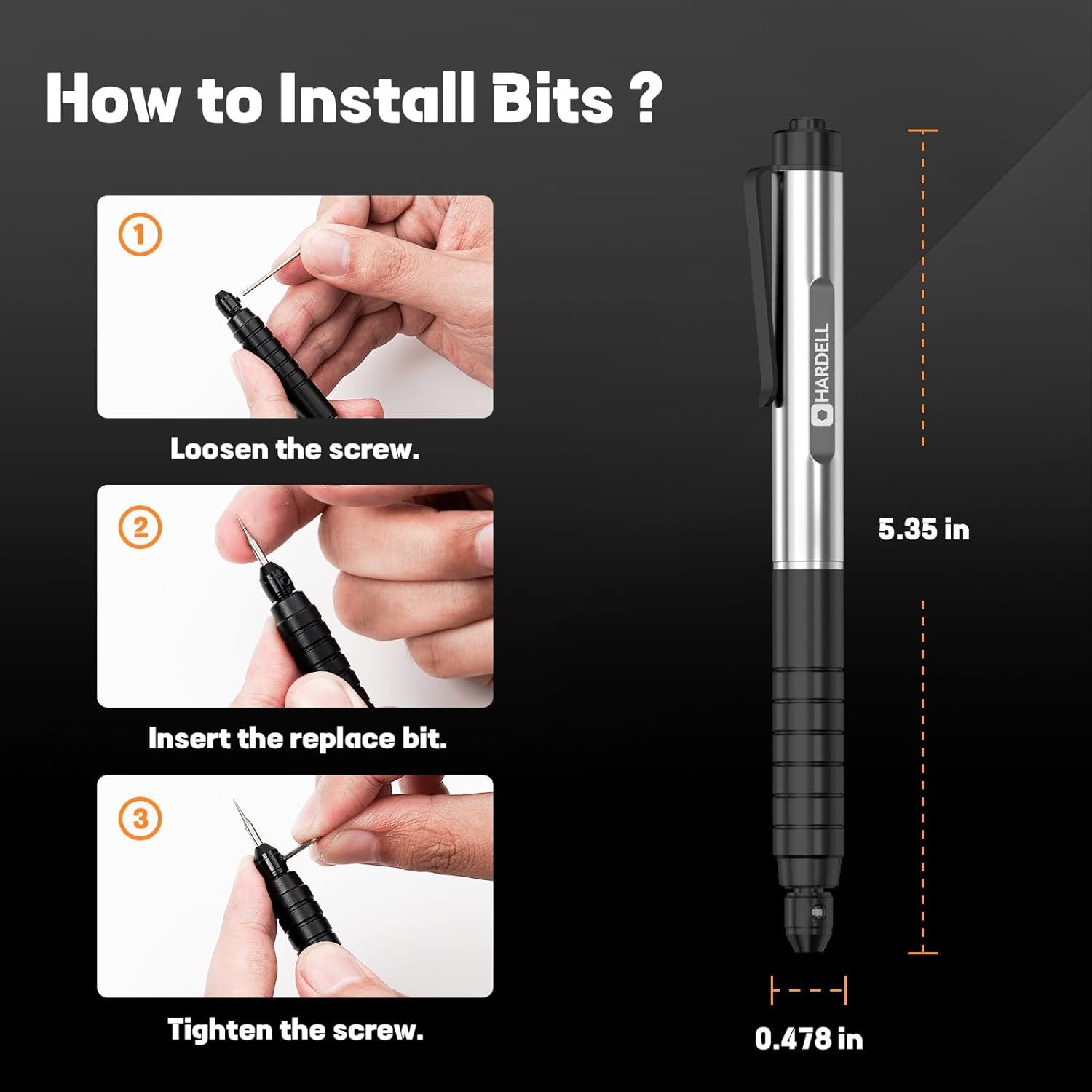 Provides step-by-step instructions on how to install replacement bits into the tool, reducing friction during setup and answering common usage questions. Shows the exact physical dimensions of the…
