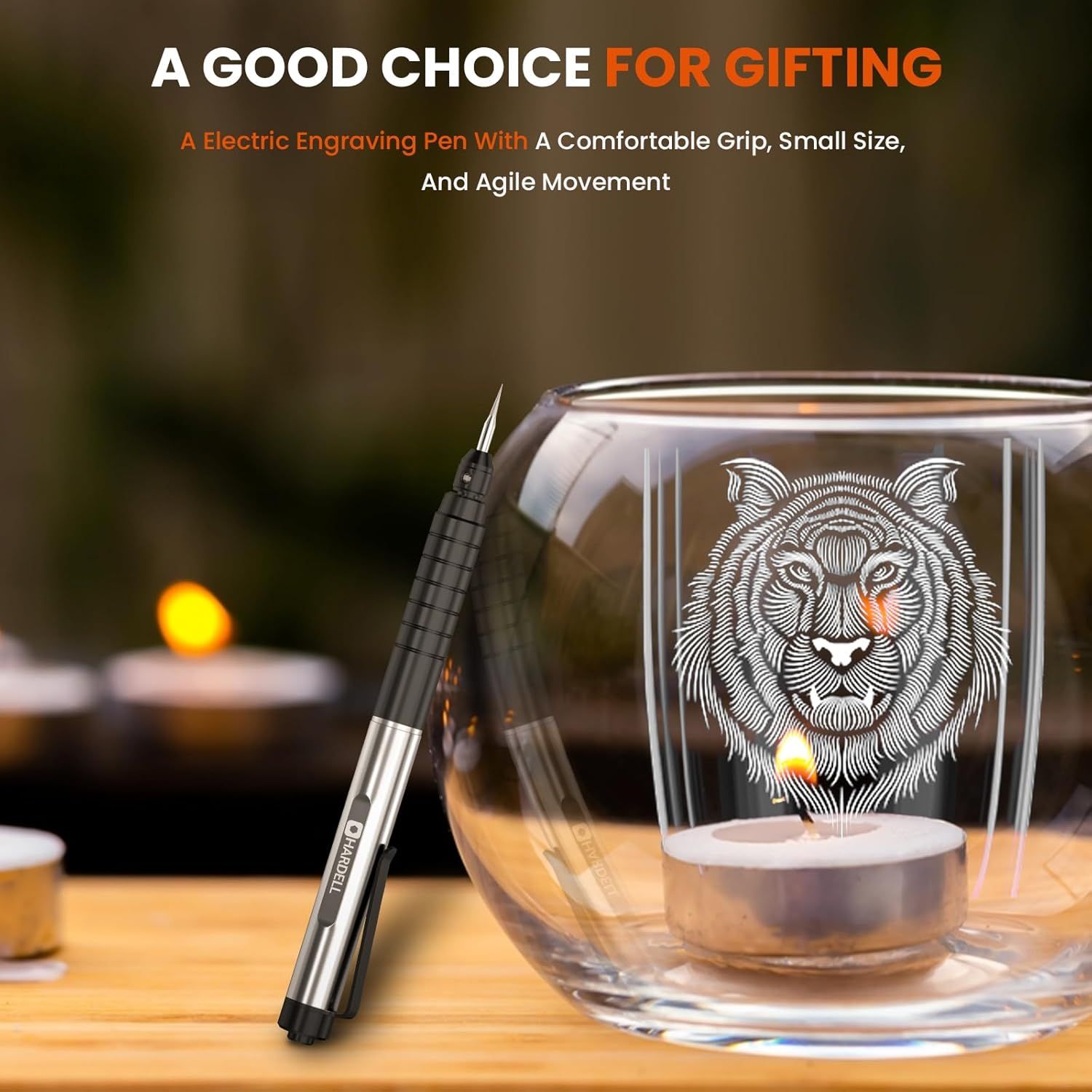 Communicates multiple selling points of the electric engraving pen including its ergonomic design, compact size, and ease of use, while positioning it as an ideal gift option.