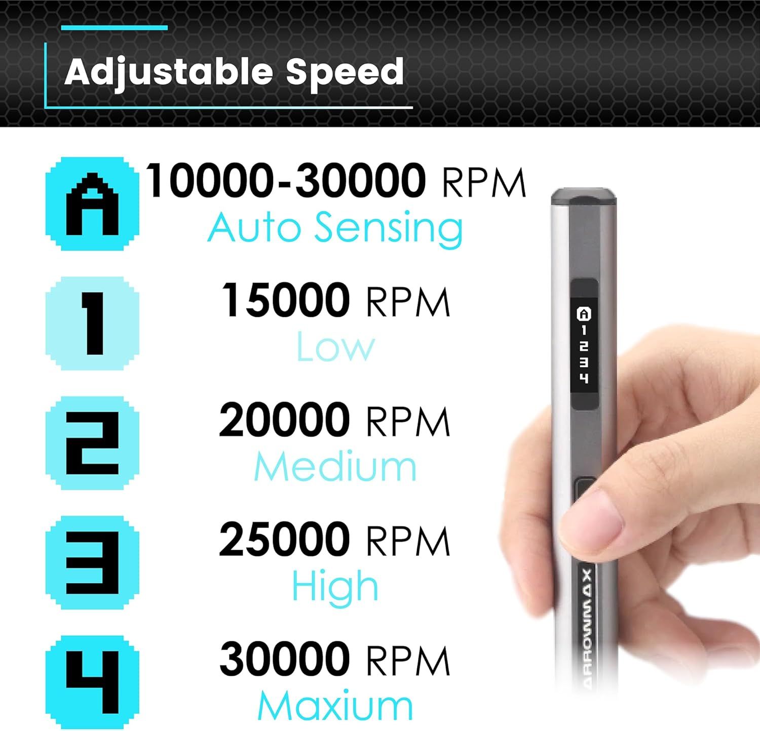 Communicates that the product offers multiple speed settings ranging from 10000-30000 RPM including auto-sensing mode, allowing users to customize performance for different needs.
