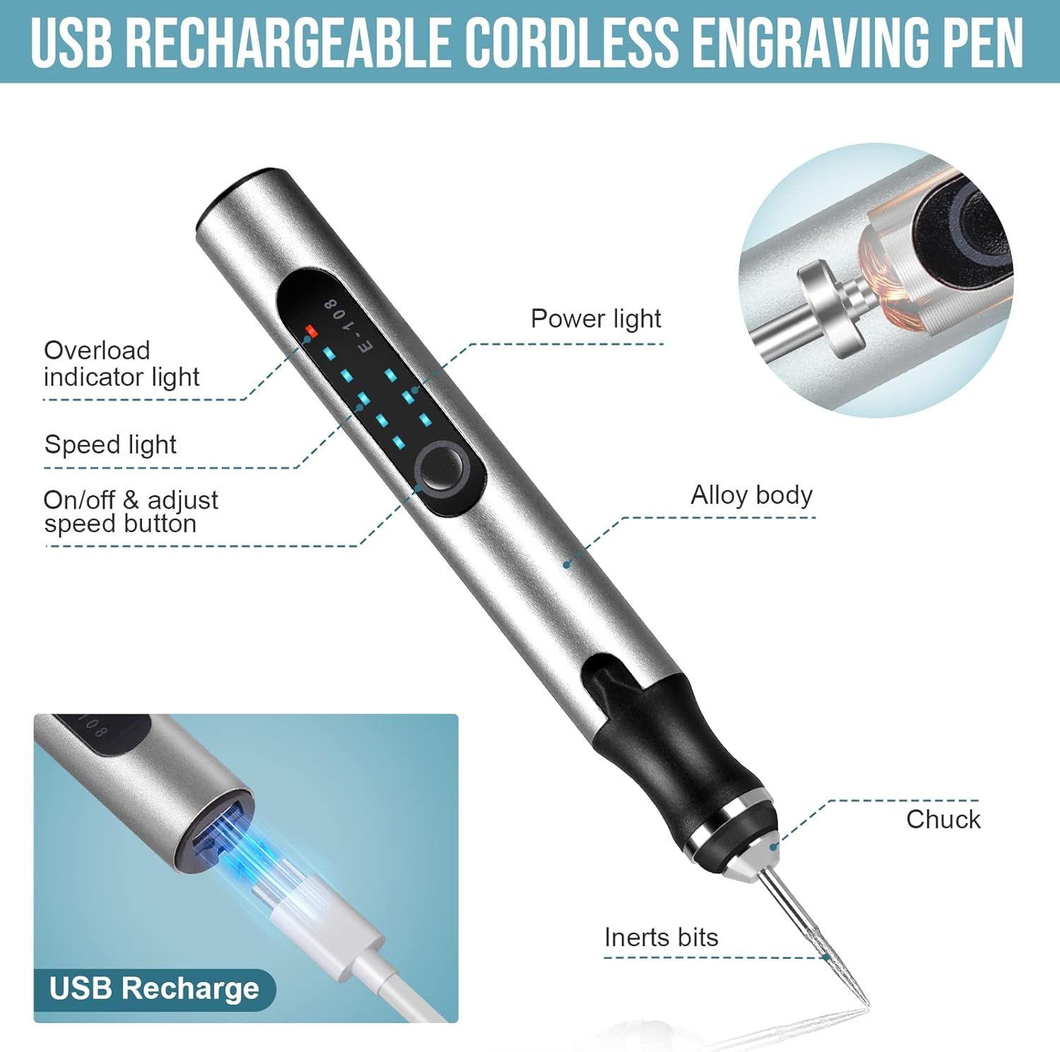 This image breaks down the cordless engraving pen by labeling all its key components and features, helping shoppers understand the physical parts and functionality of the product.