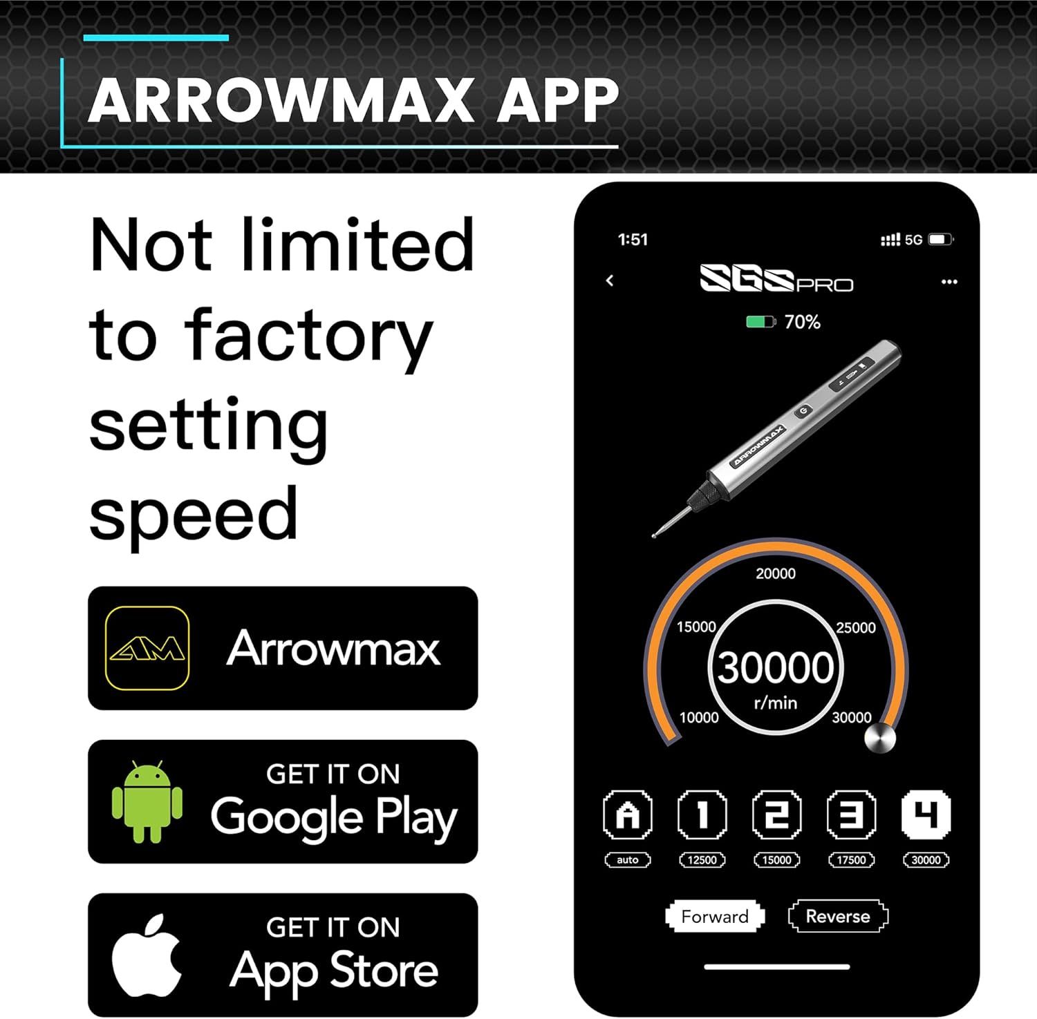 Communicates that the product can be controlled via a mobile app with adjustable speed settings beyond factory defaults, offering flexibility and advanced control to the user.