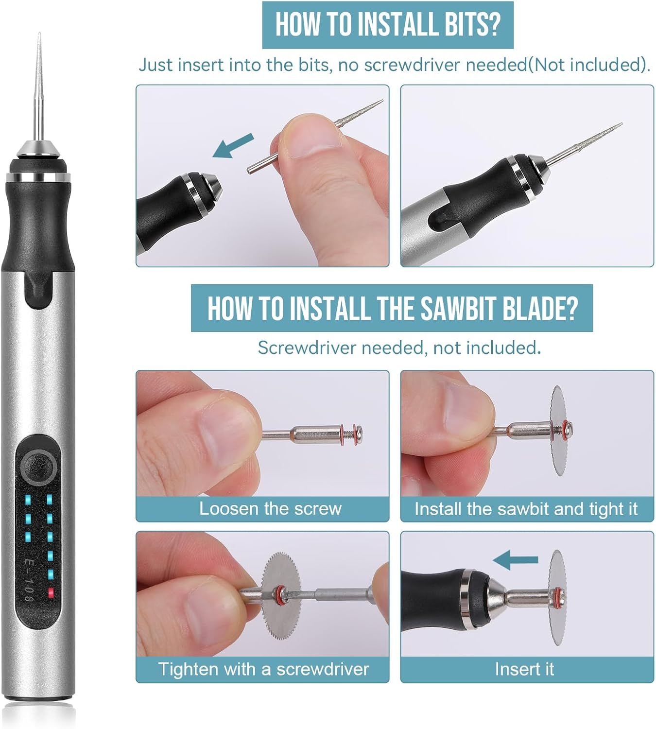 Provides step-by-step visual instructions on how to install bits and sawbit blades into the tool, reducing setup friction and answering common usage questions.