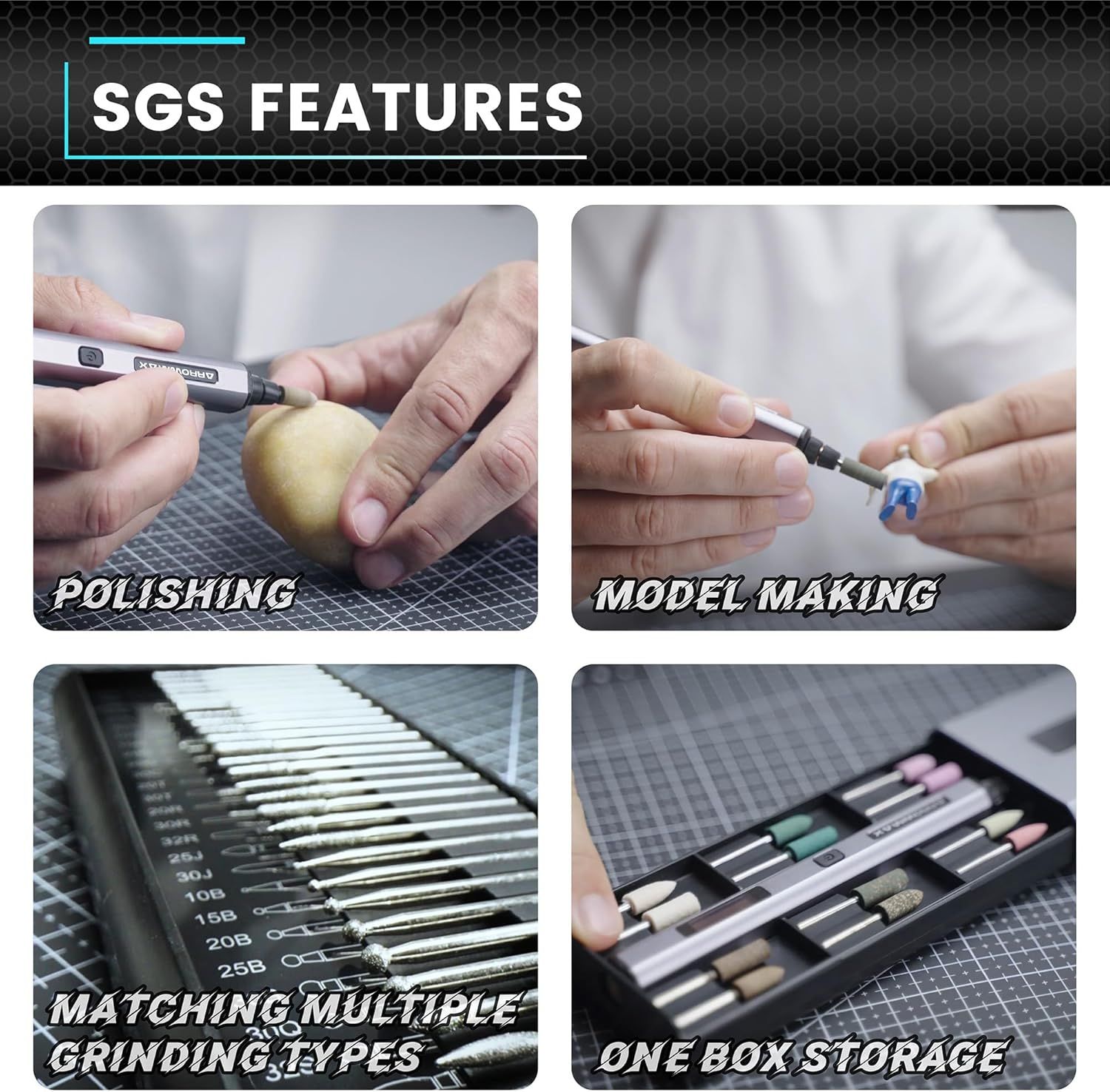 Showcases four distinct features and use cases of the product to demonstrate its versatility for polishing, model making, multiple grinding options, and organized storage.