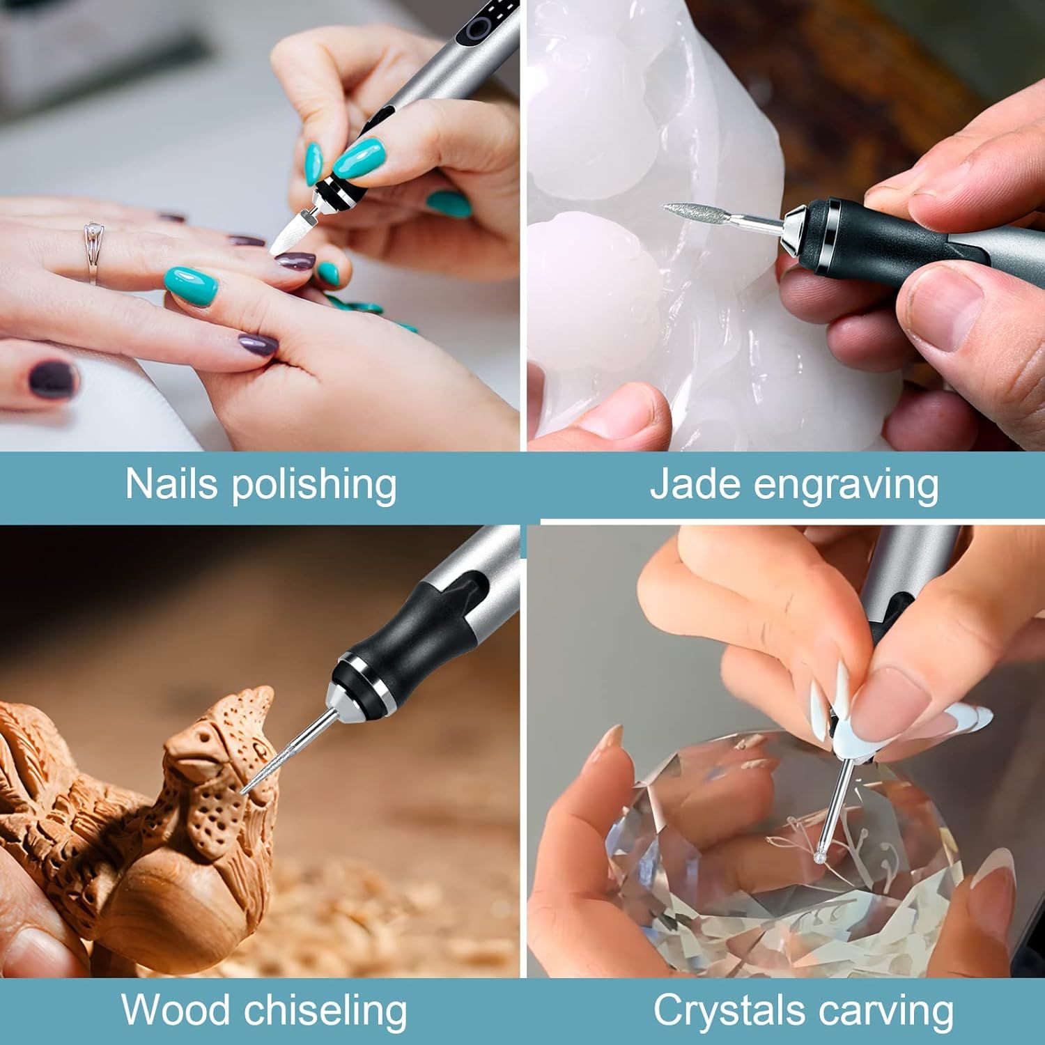Demonstrates the versatility of the product by showing four different use cases across various materials and crafts, helping shoppers understand the tool can be used for multiple applications.