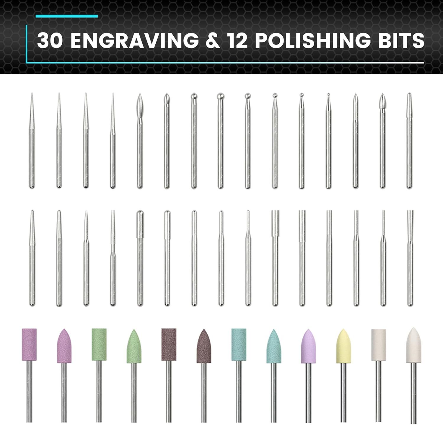 Shows the complete set of engraving and polishing bits included with the product to help shoppers understand the variety and quantity of tools they will receive.