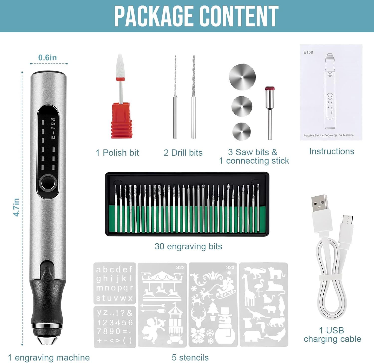 Shows everything included in the package so shoppers understand the full value and accessories they receive with the portable electric engraving tool.
