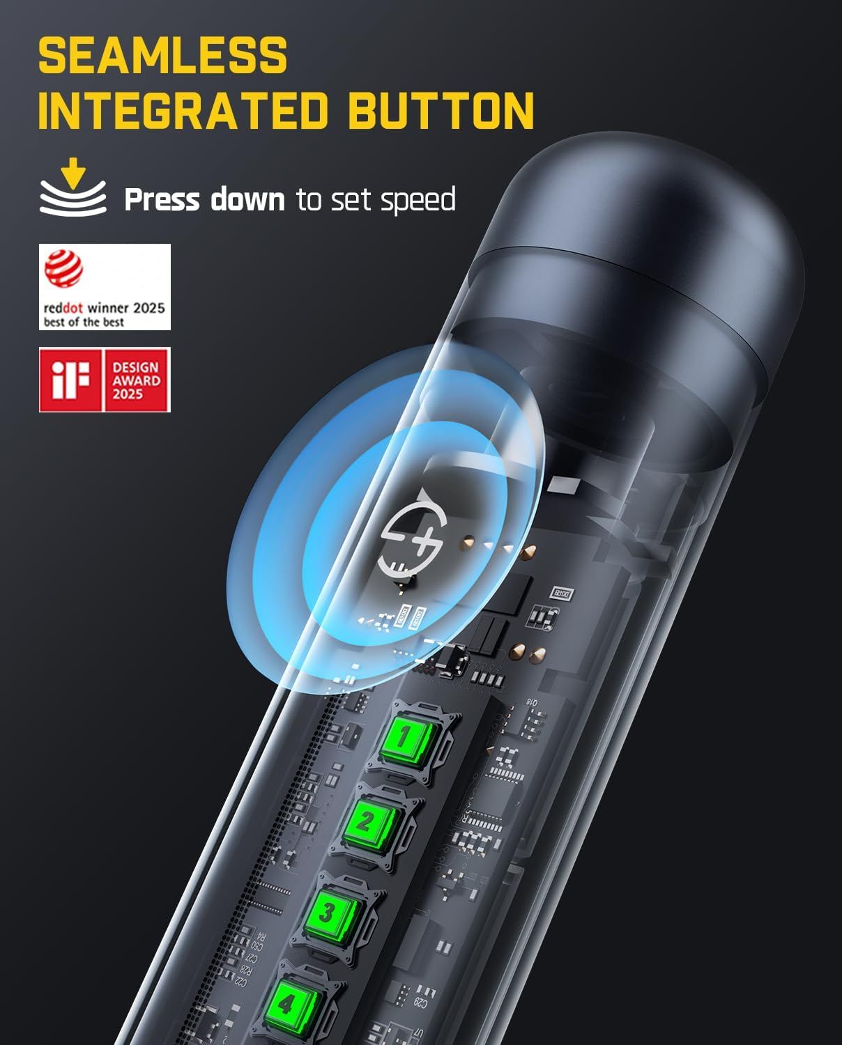 This image breaks down the internal structure of the product to showcase the seamless integrated button technology and how pressing down sets the speed, highlighting the sophisticated engineering…