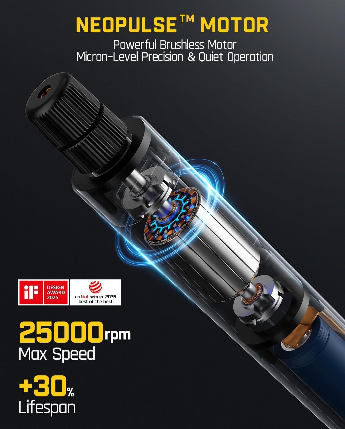 This image breaks down the internal structure of the motor to showcase its advanced brushless technology, precision engineering, and component quality, helping shoppers understand the technical…