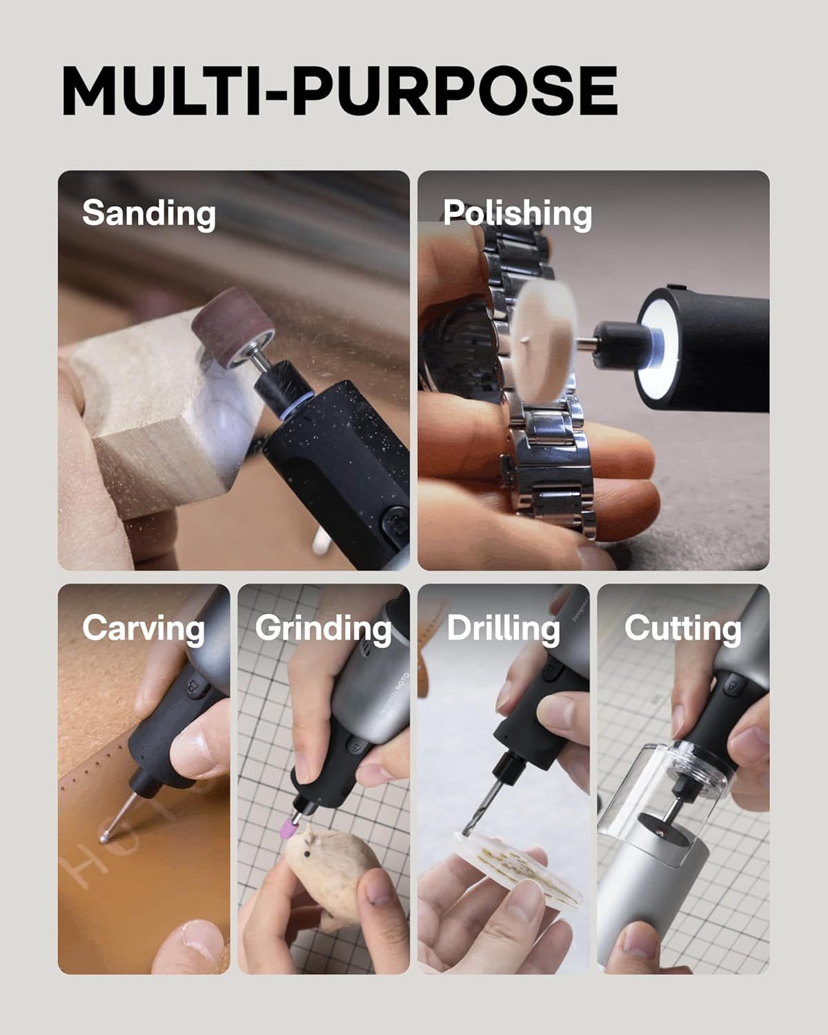 Demonstrates the versatility of the rotary tool by showing six different use cases, helping shoppers understand the product can handle multiple tasks and projects.