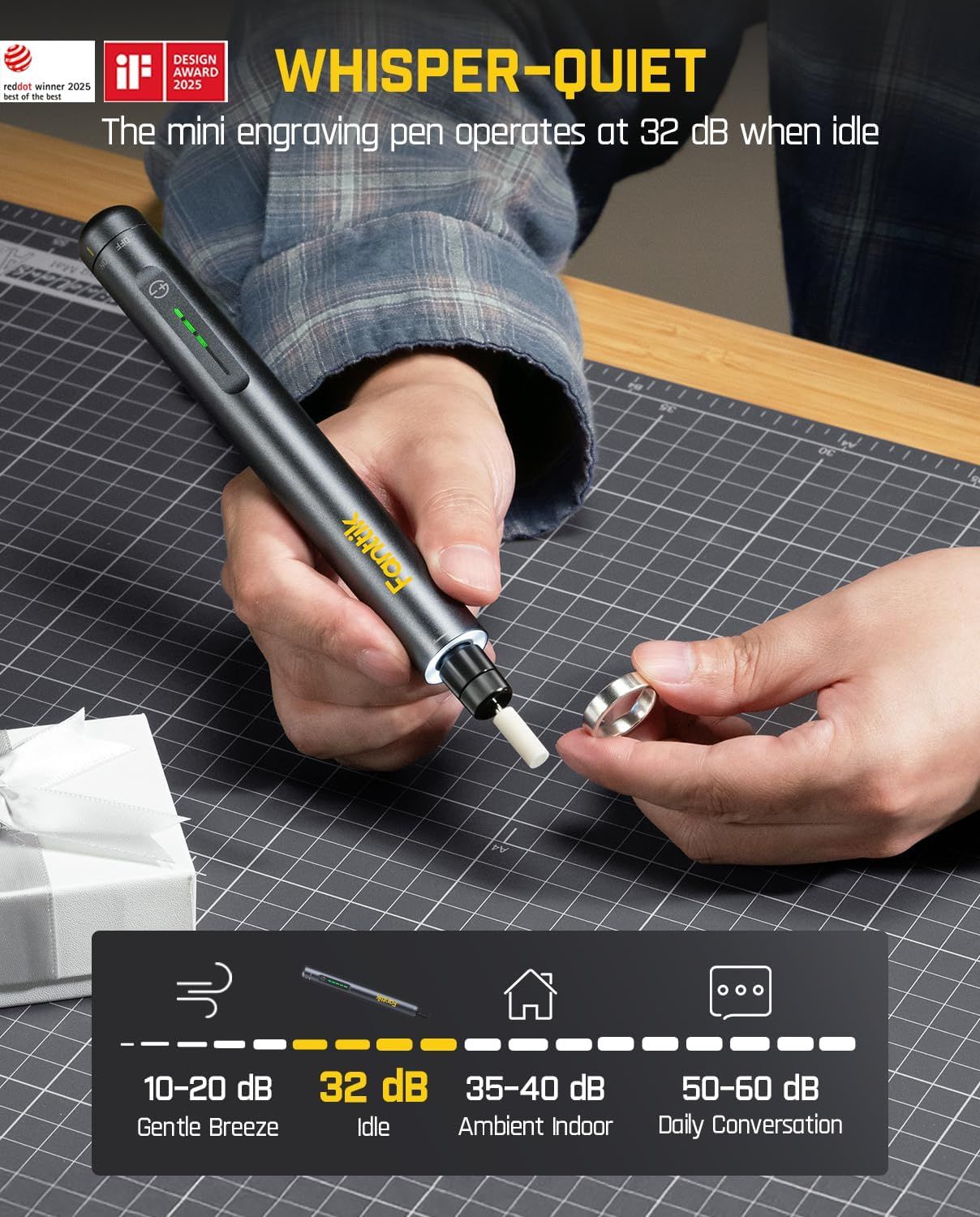 Communicates that the mini engraving pen operates at an extremely low noise level of 32 dB when idle, reassuring shoppers that it is quiet and suitable for indoor use without disturbing others.