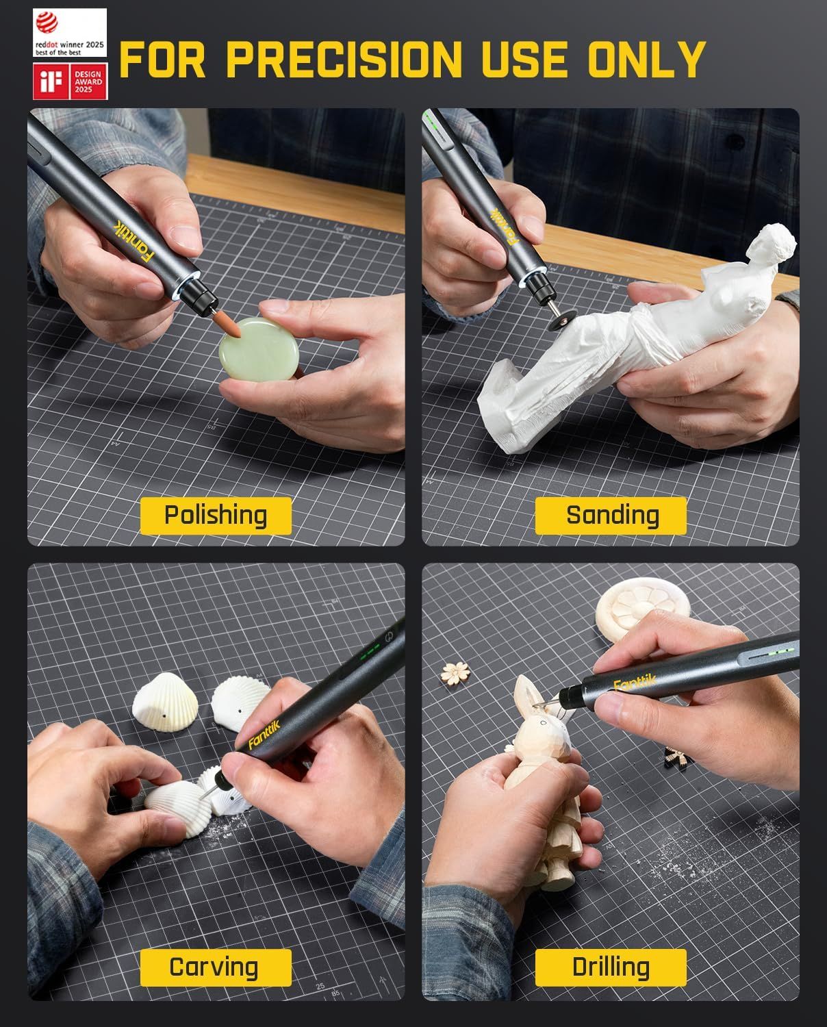 Demonstrates the versatility of the precision tool by showing four different use cases: polishing, sanding, carving, and drilling on various materials and objects.
