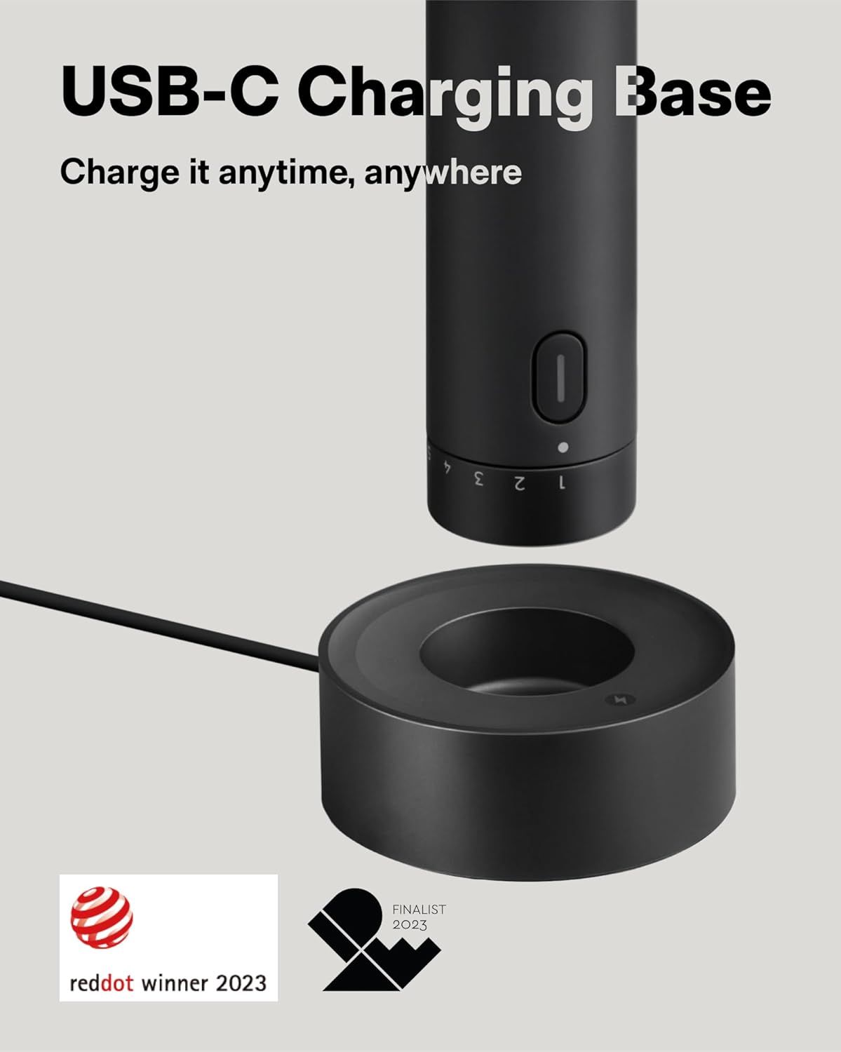 Highlights the convenience of the USB-C charging base feature, emphasizing that the product can be charged anytime and anywhere for maximum portability and ease of use.