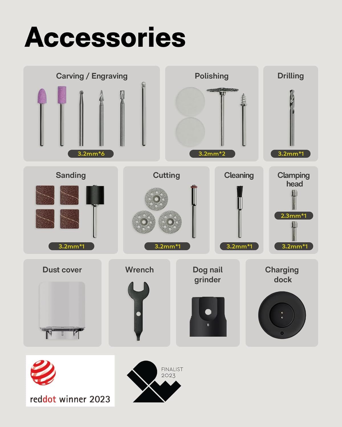 Shows all the accessories and tools included with the product to help shoppers understand the complete value and versatility of what they receive in the package.
