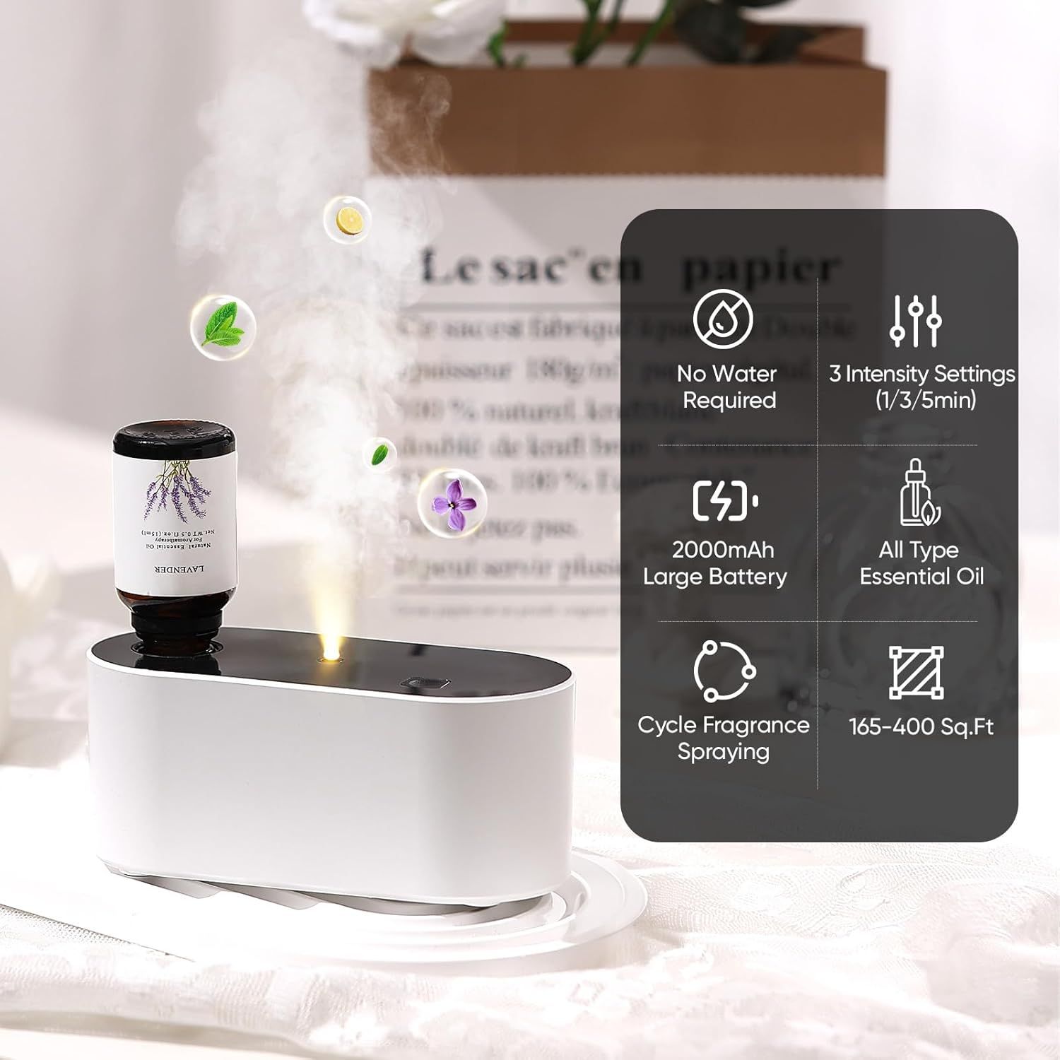 Showcases six key features of the essential oil diffuser in a segmented grid layout to help shoppers quickly understand the product's versatility, convenience, and technical specifications.