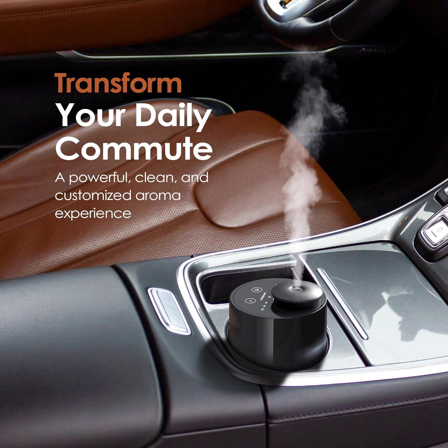 Communicates that this car diffuser transforms the daily commute by providing a powerful, clean, and customized aroma experience.