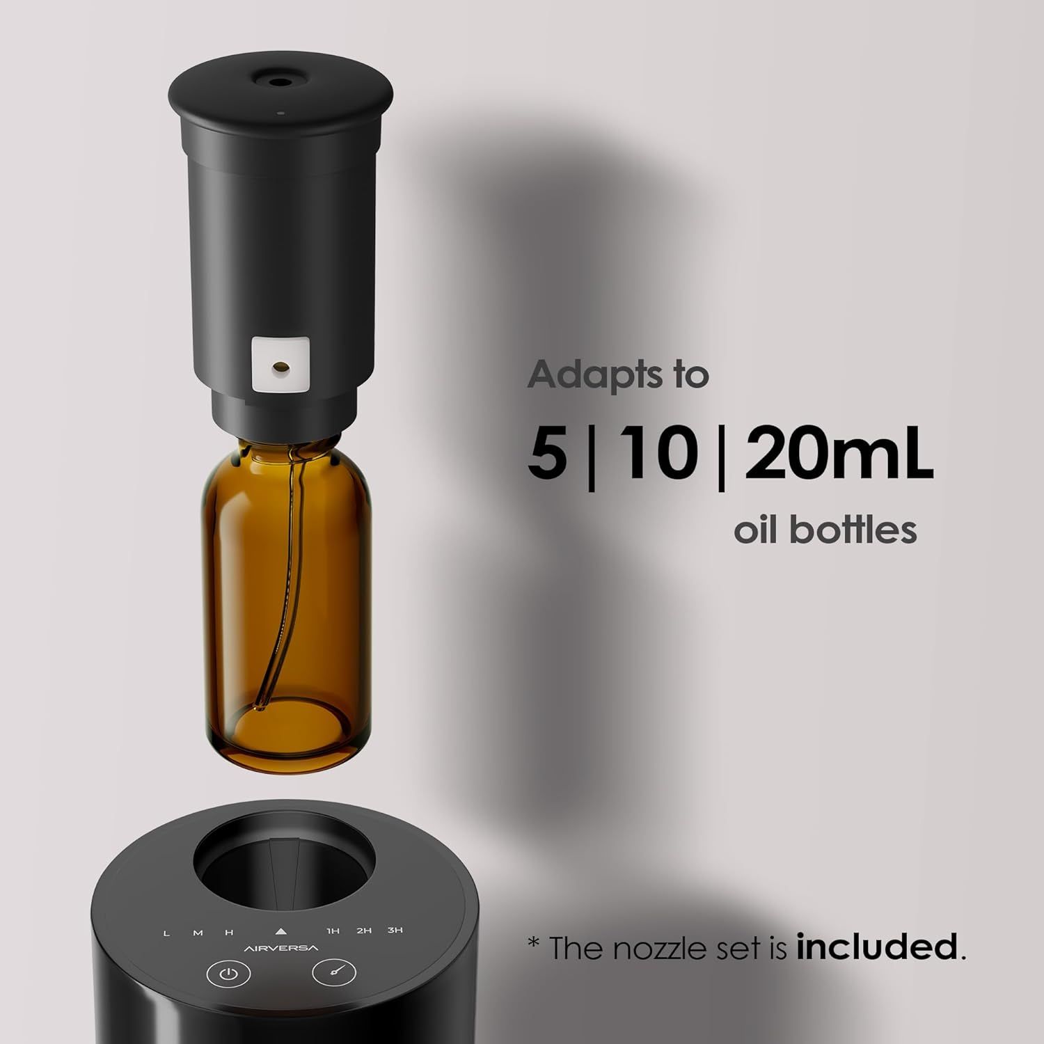 Communicates that the product adapts to multiple oil bottle sizes (5, 10, and 20mL), reassuring shoppers about versatility and compatibility with standard bottles.
