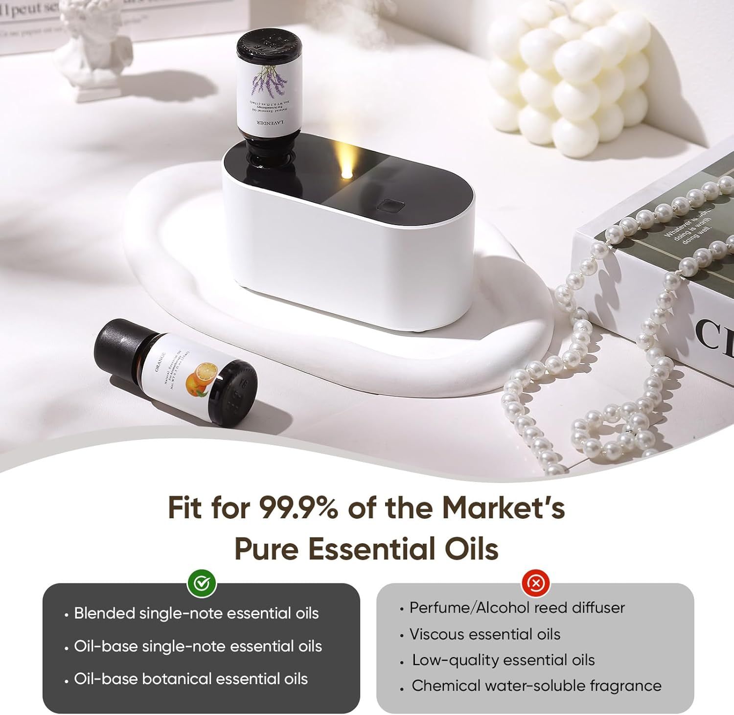 Communicates which types of essential oils are compatible with the diffuser and which are not, helping shoppers avoid purchasing incompatible products.