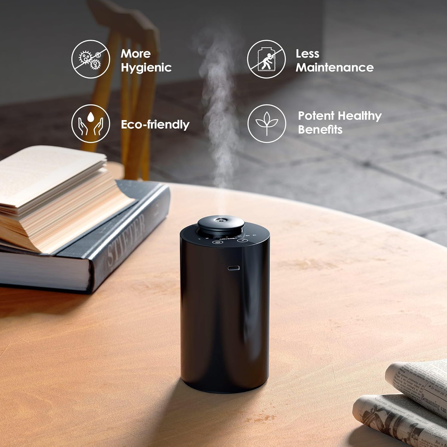 Communicates four key benefits of the humidifier to show shoppers why this product is superior in terms of hygiene, convenience, environmental impact, and health advantages.