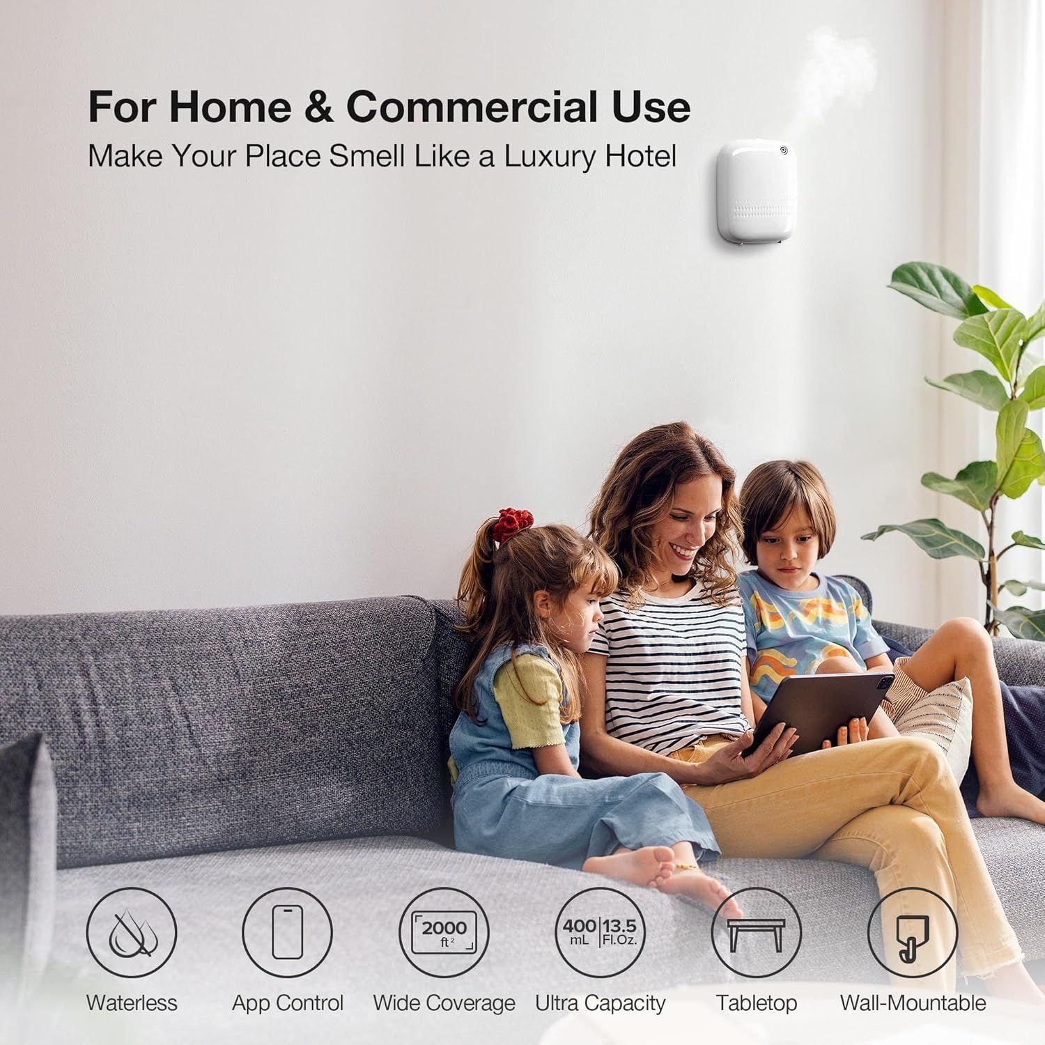 Showcases six key features of the air freshener device to demonstrate its versatility and comprehensive functionality for home and commercial use. Demonstrates that the product is suitable for both…
