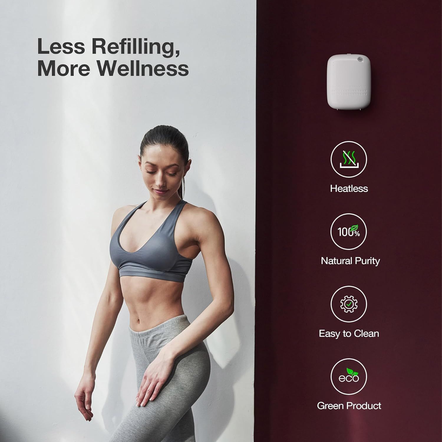 Showcases multiple key benefits of the product including heatless operation, natural purity, ease of cleaning, and eco-friendliness to communicate its wellness-focused and sustainable value…
