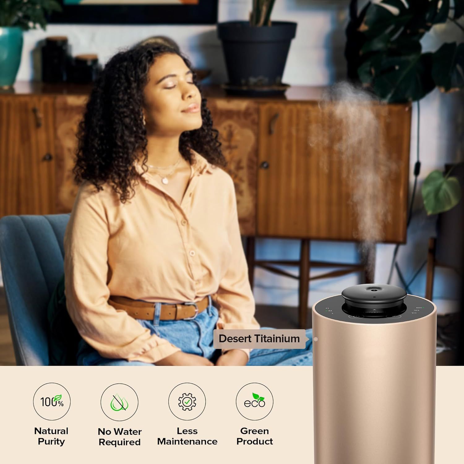 Communicates multiple key benefits of the diffuser including natural purity, waterless operation, low maintenance, and environmental friendliness to appeal to health-conscious and eco-aware shoppers.
