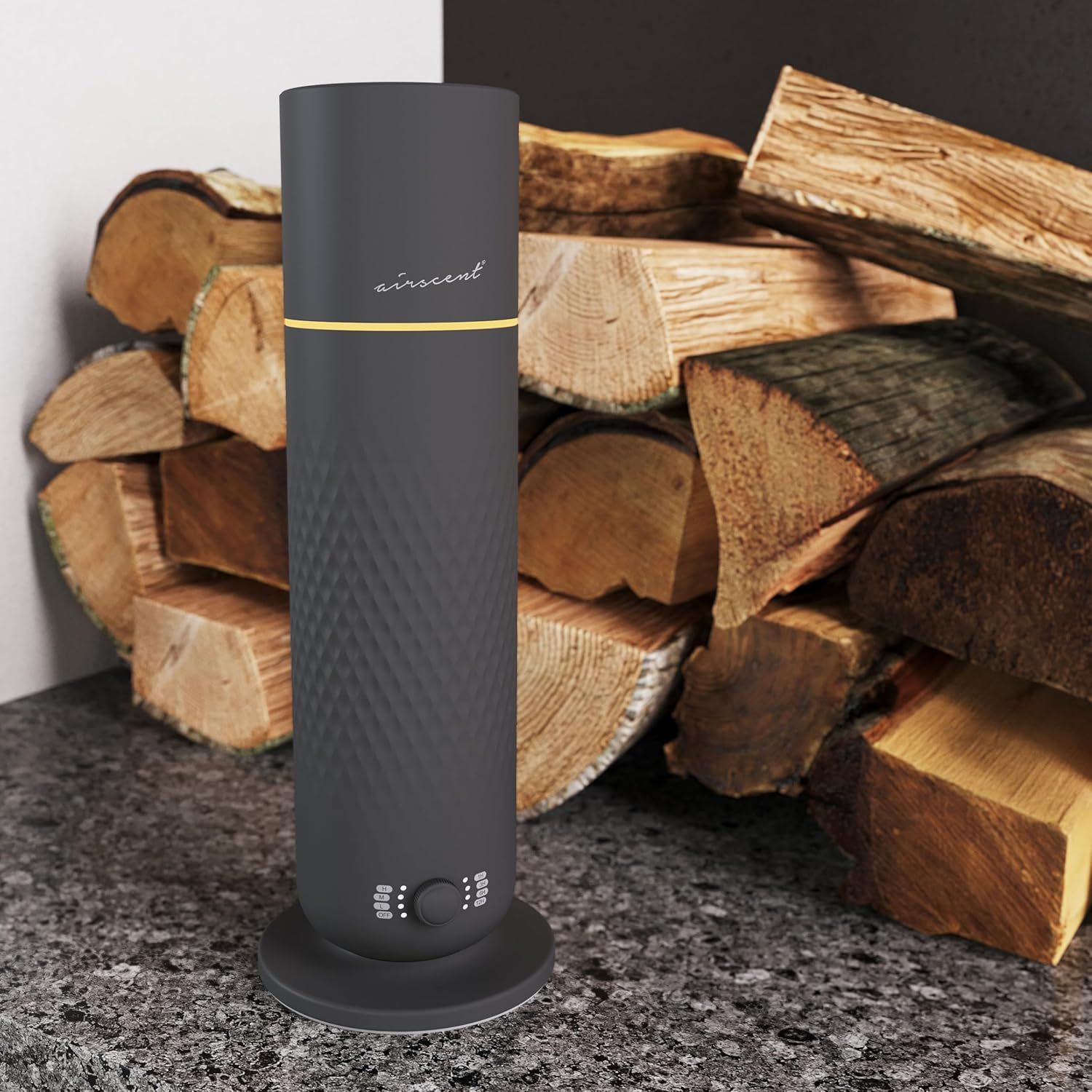 Shows the product in a natural home environment with firewood to help shoppers visualize how it fits into their lifestyle and setting.
