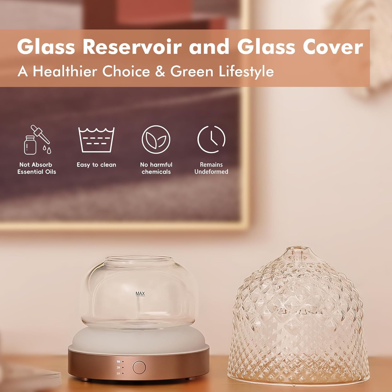 Communicates multiple benefits of the glass reservoir and cover, emphasizing health, safety, ease of maintenance, and durability to reassure shoppers about the quality and eco-friendly nature of the…
