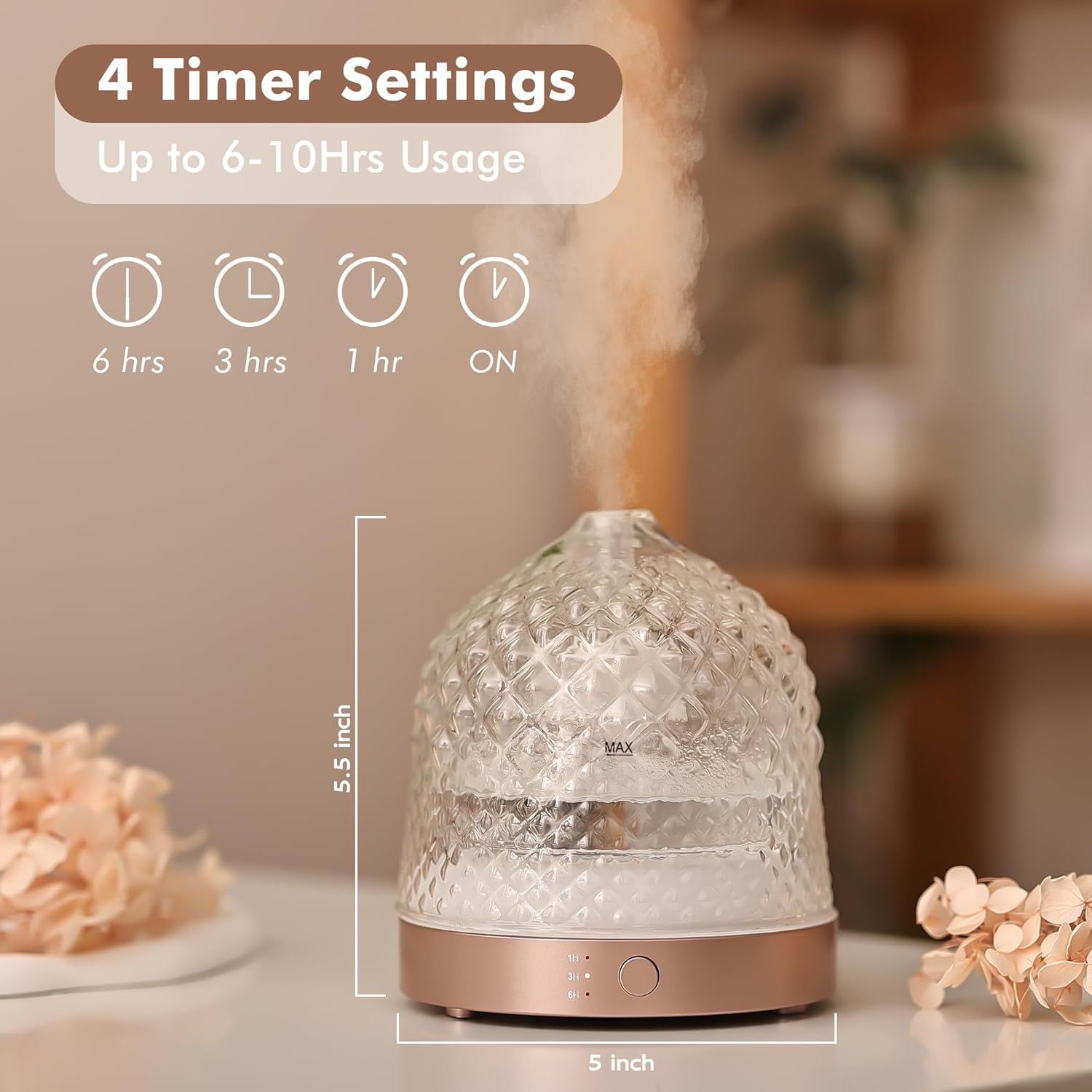 Communicates multiple key features including 4 timer settings (6hrs, 3hrs, 1hr, ON), up to 6-10 hours usage capacity, and the physical dimensions (5.5 inch height, 5 inch width) to help shoppers…