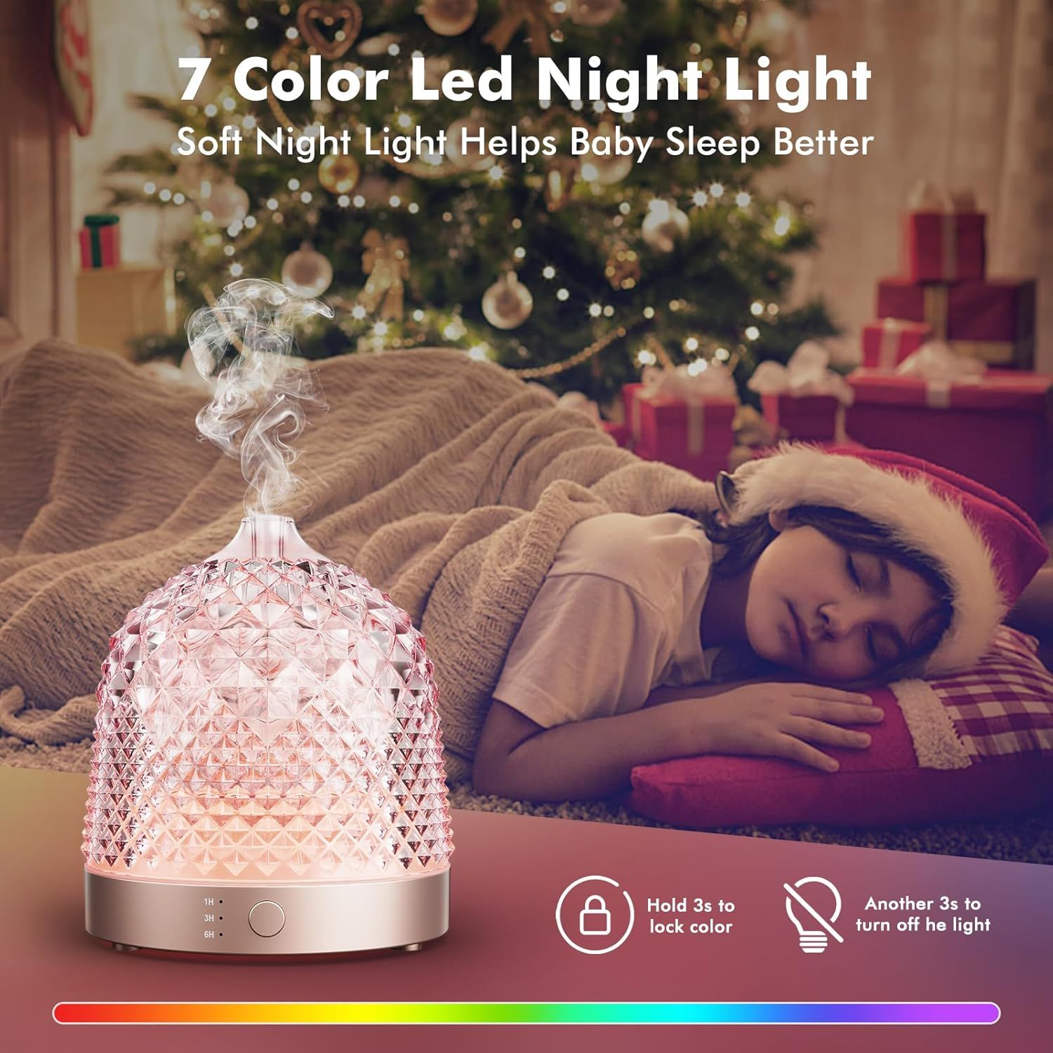 Showcases multiple features of the diffuser night light including 7 color options, sleep benefits for babies, and control functions to help shoppers understand the product's versatility and ease of…