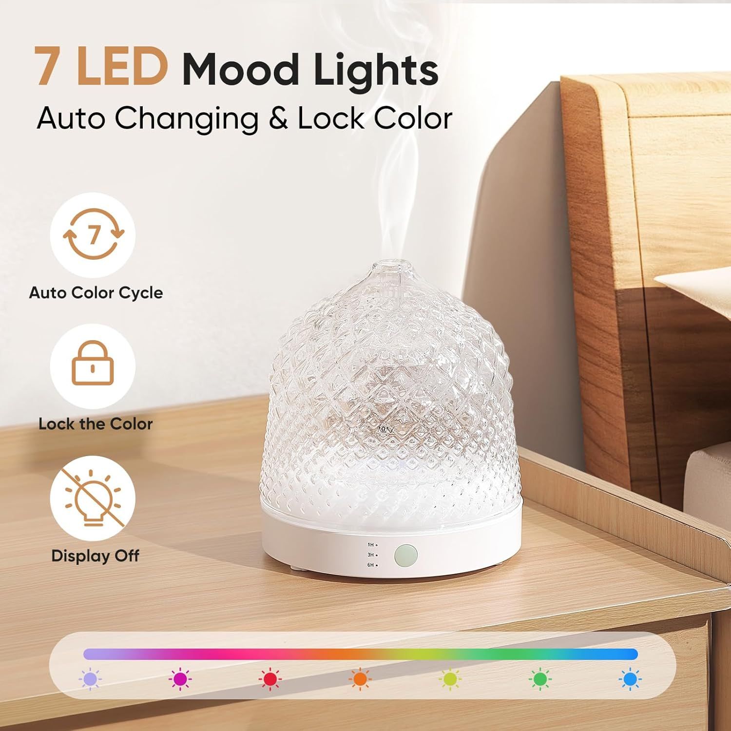 Showcases multiple features of the diffuser including 7 LED mood light options, auto color cycling, color lock functionality, and display off mode to help shoppers understand the lighting…