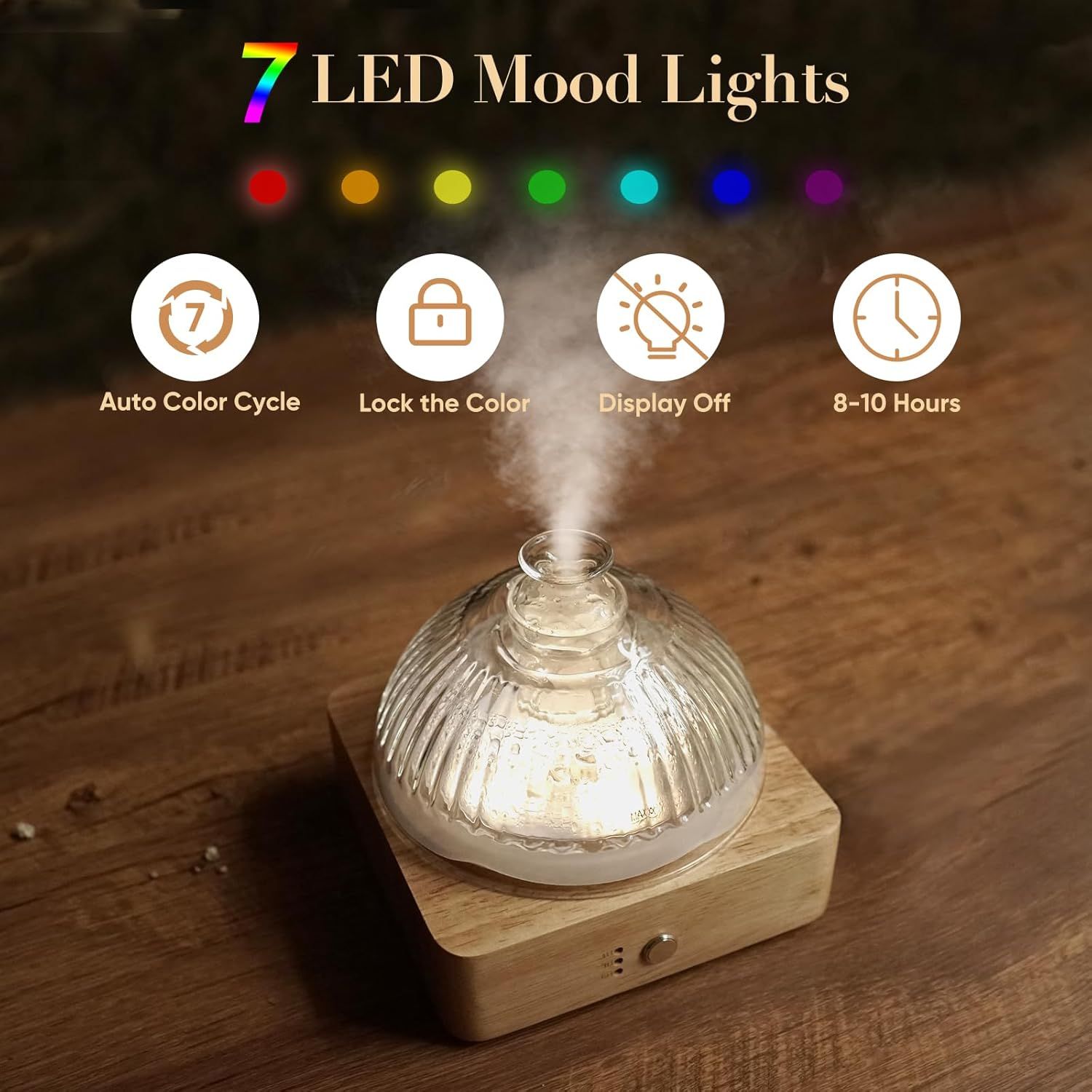 Showcases multiple key features of the diffuser including the 7 color options, auto-cycling capability, color lock function, display off mode, and long battery life to help shoppers understand the…