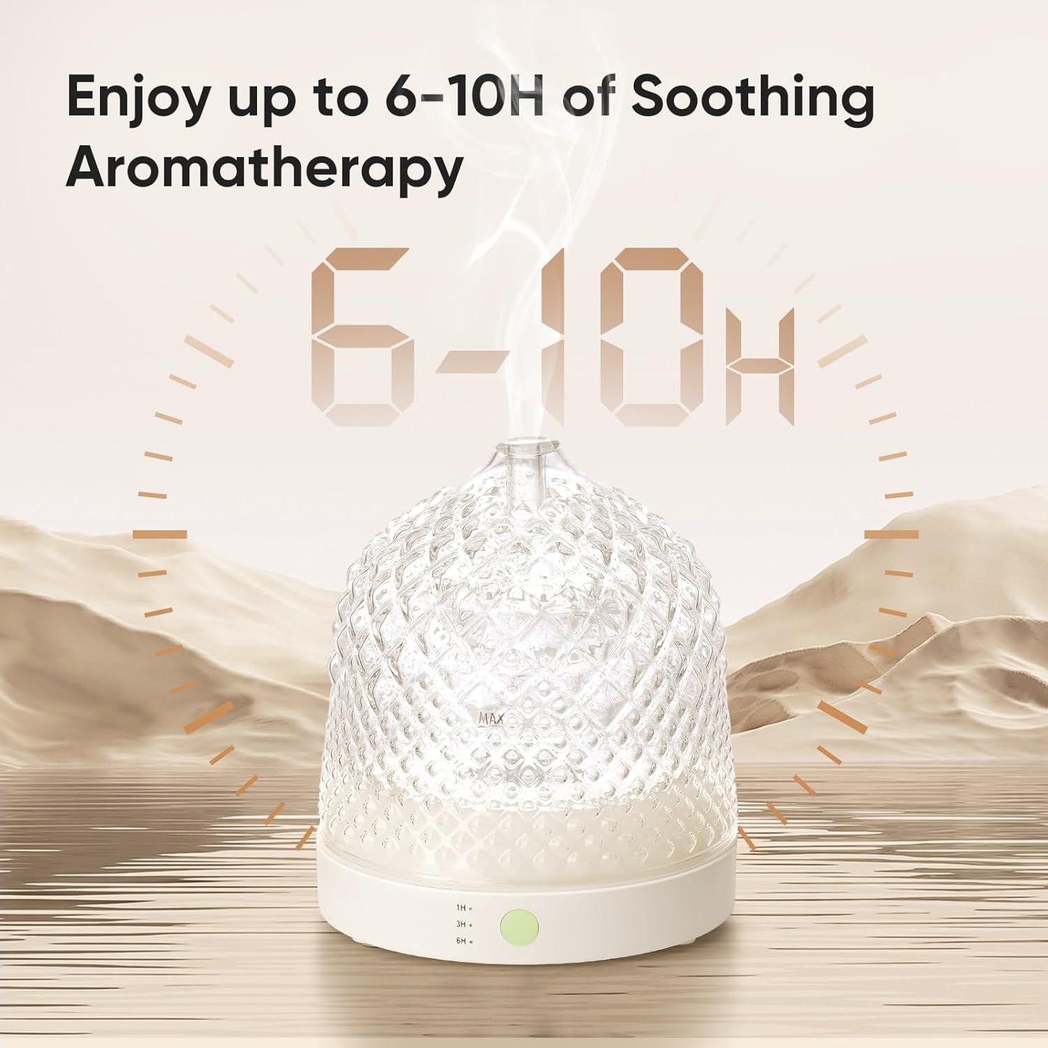 Communicates that the aromatherapy diffuser can run continuously for 6-10 hours, reassuring shoppers of extended use without frequent refills.