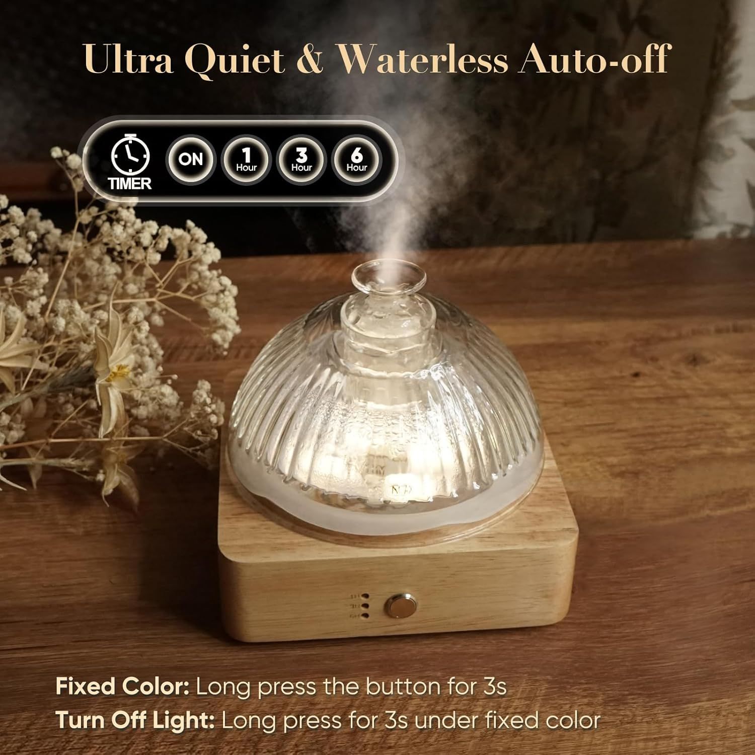Communicates multiple key features of the diffuser including its quiet operation, automatic timer settings, and button control functions to help shoppers understand the product's convenience and…
