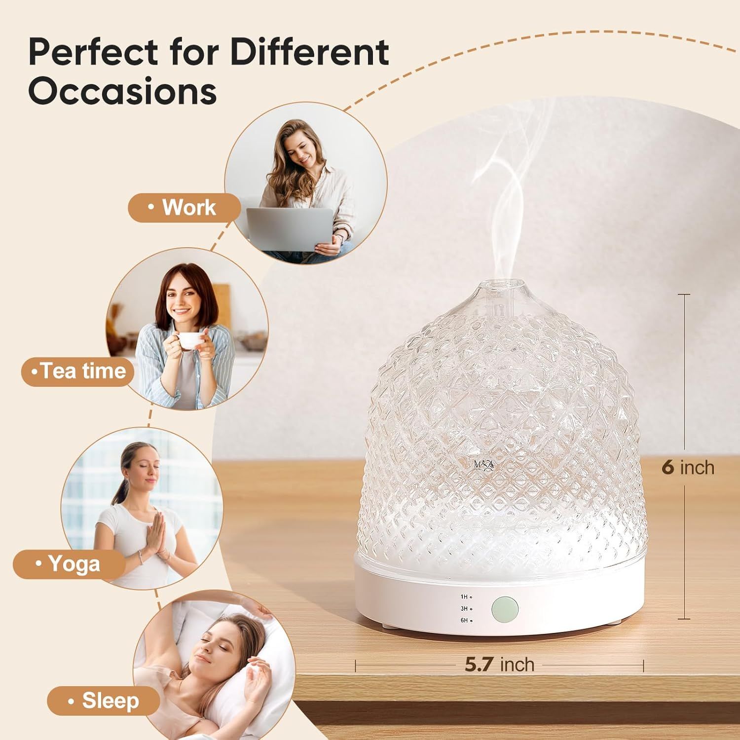 Demonstrates the versatility of the diffuser by showing it can be used in various settings and activities throughout the day, from work to relaxation to sleep. Provides exact measurements of the…