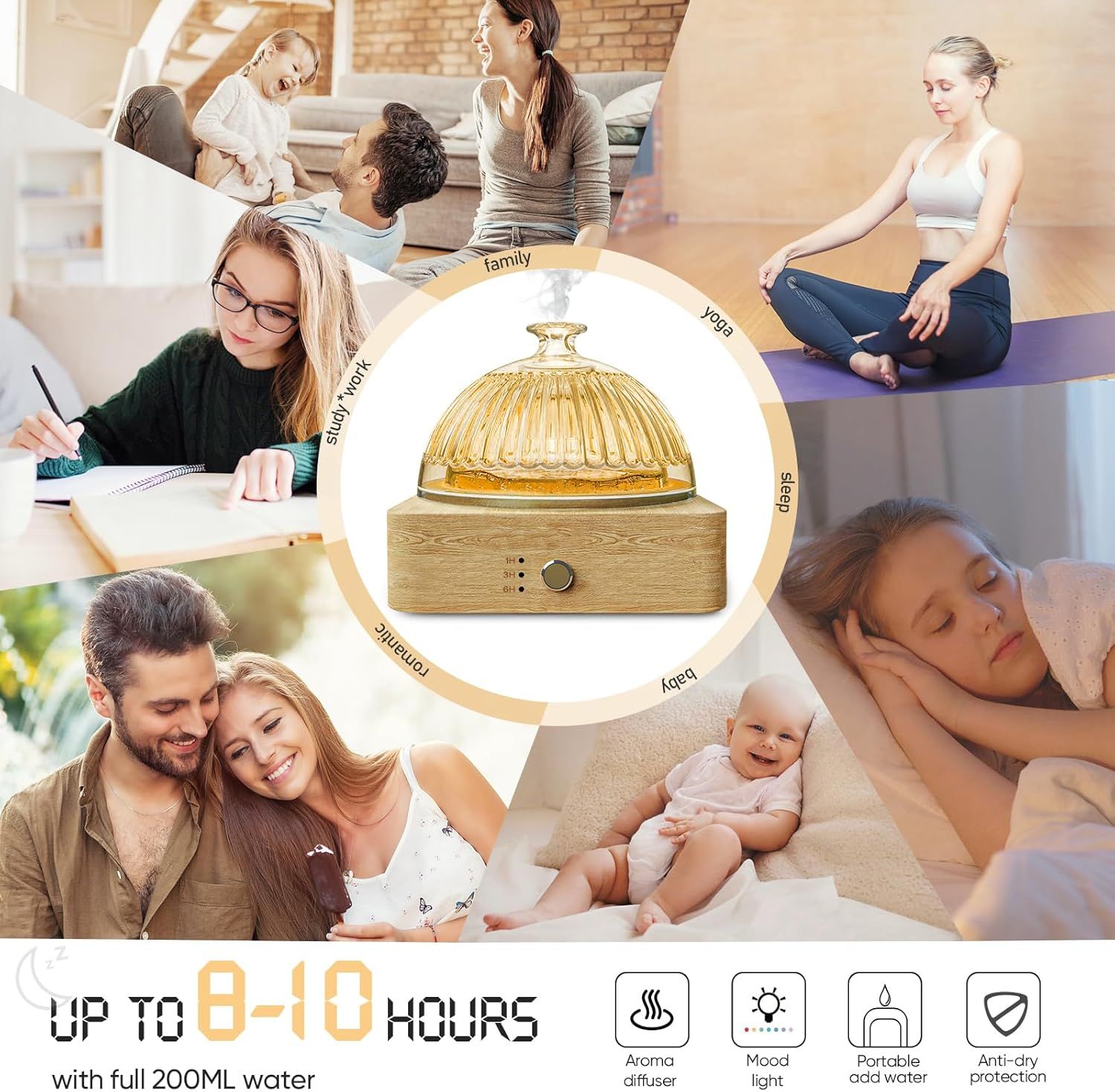Demonstrates the versatility of the diffuser by showing it can be used in various lifestyle scenarios and environments, from family activities to relaxation and sleep.