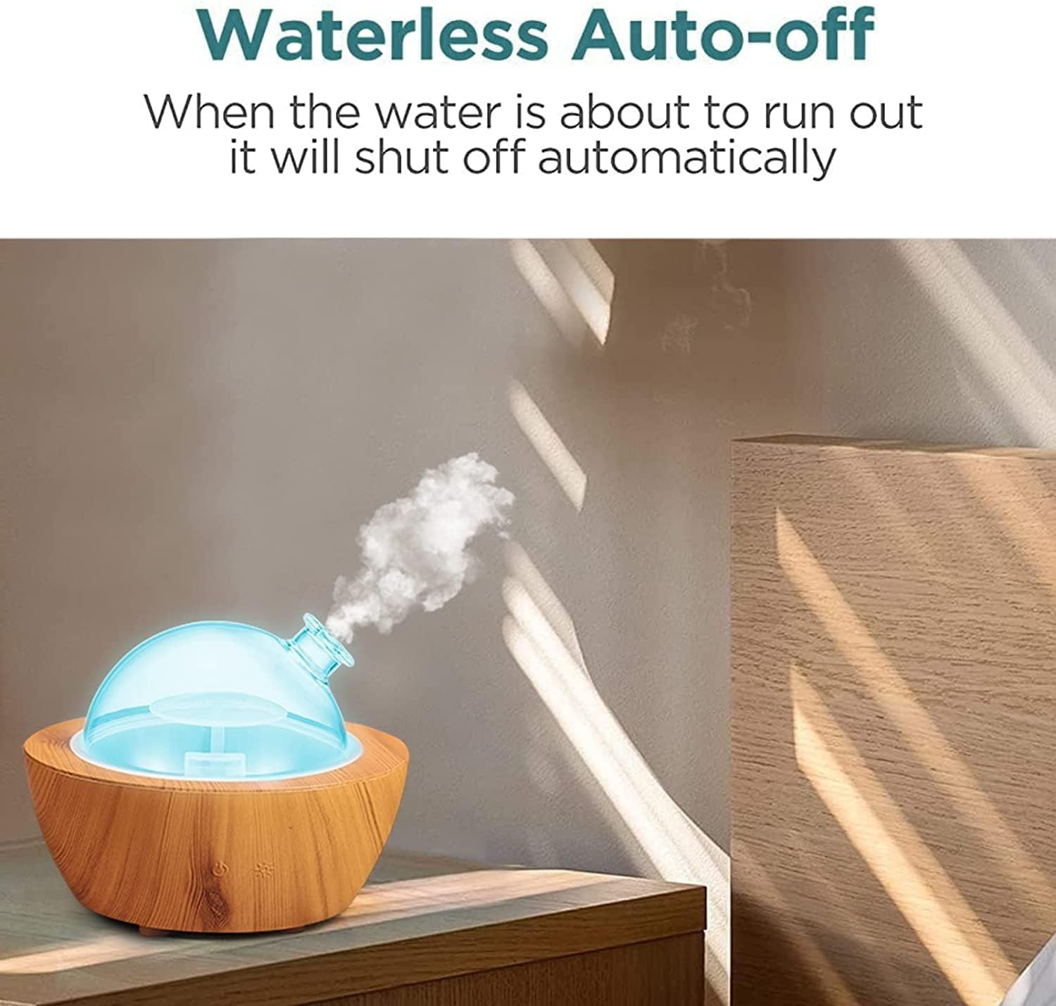 Communicates that the humidifier will automatically shut off when water runs low, providing safety and convenience to the shopper.