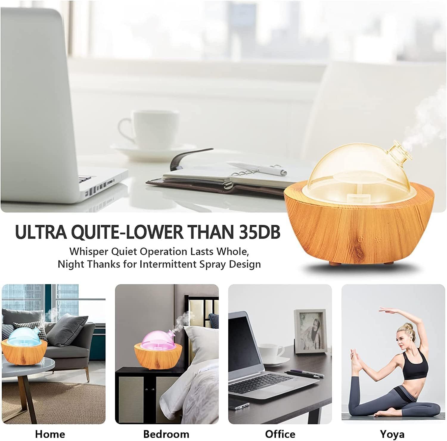 Communicates that the diffuser operates at whisper-quiet levels below 35dB, reassuring shoppers it won't disturb sleep or work. Demonstrates the product can be used in multiple environments…