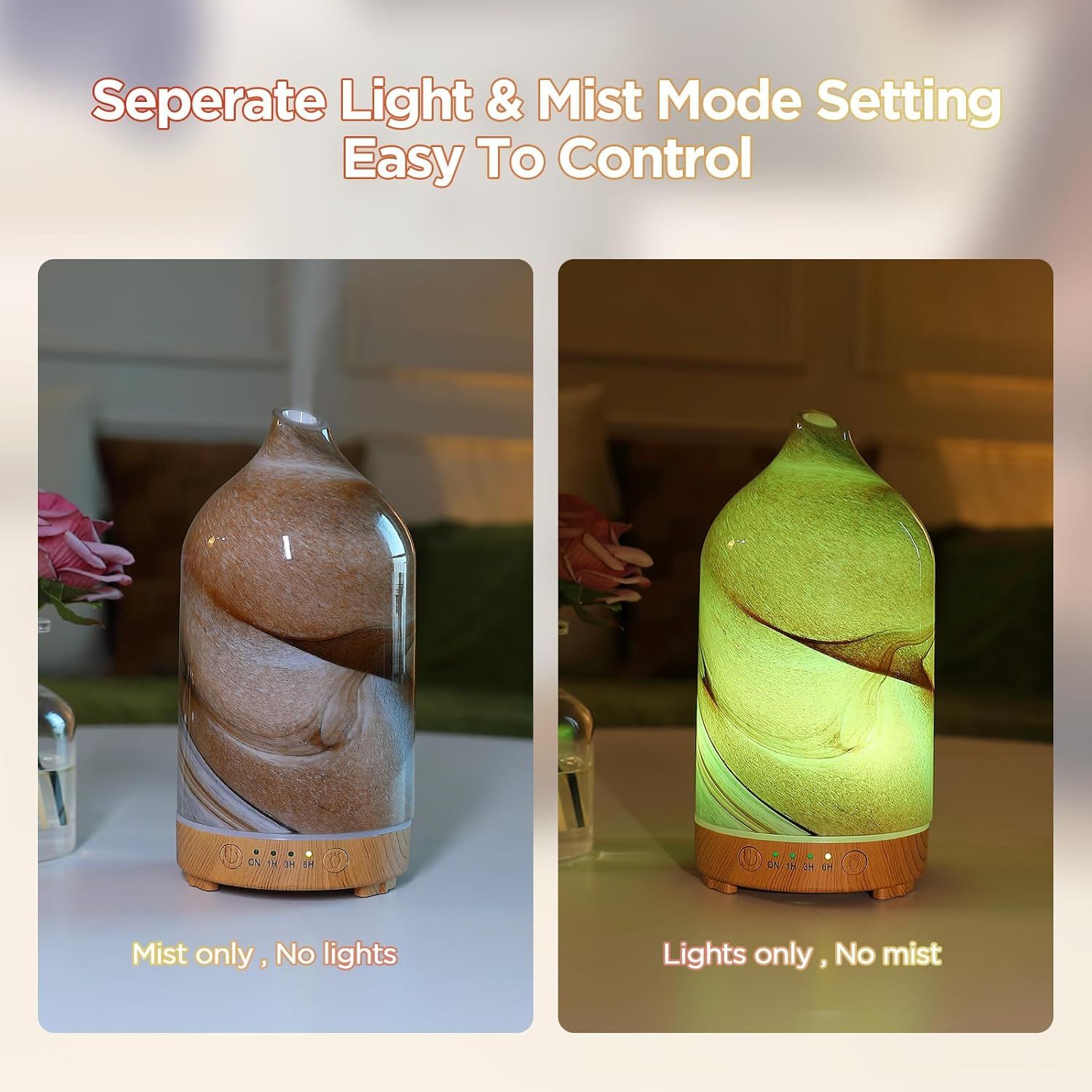 Demonstrates that the diffuser allows independent control of light and mist functions, giving users flexibility to use either feature separately or together.
