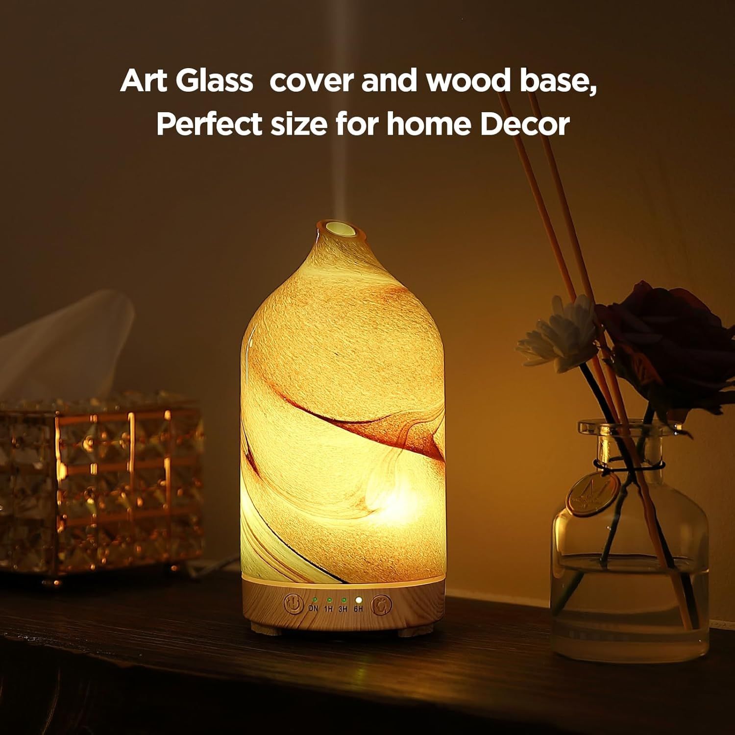 Highlights the art glass cover and wood base construction to communicate the product's aesthetic appeal and suitability for home decor.